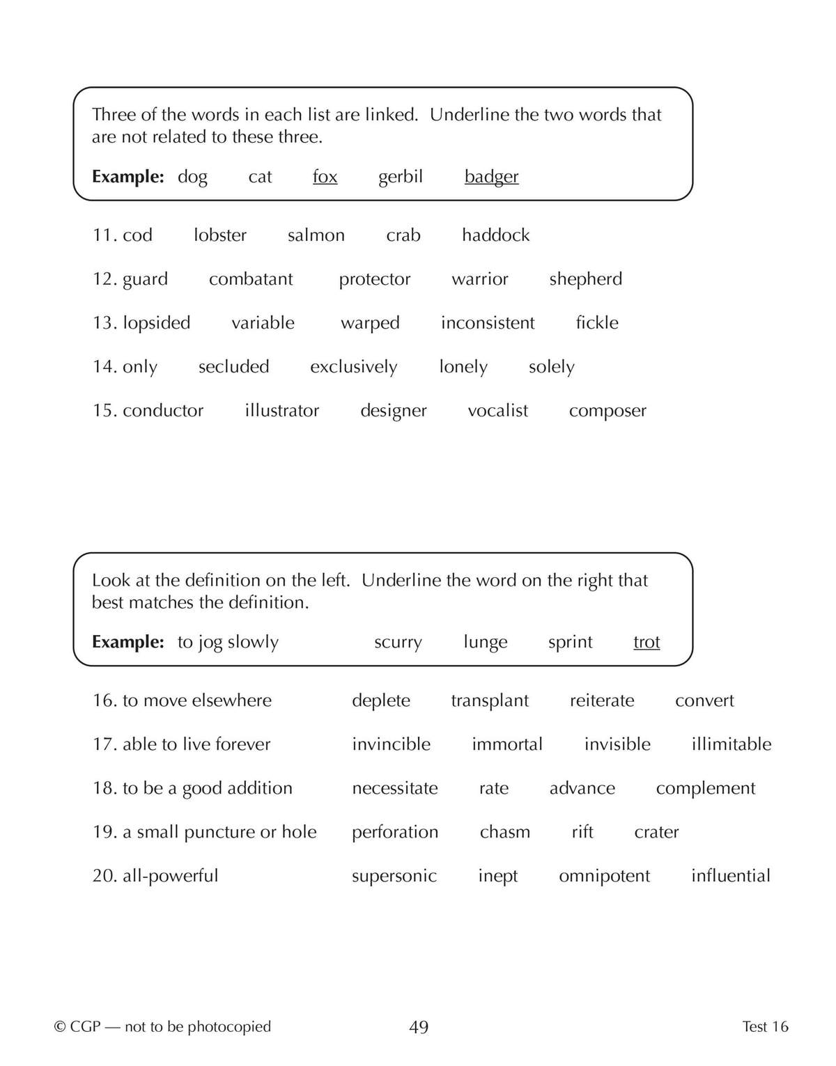 Children underline words that do not fit a group and match definitions to synonyms to build verbal reasoning skills