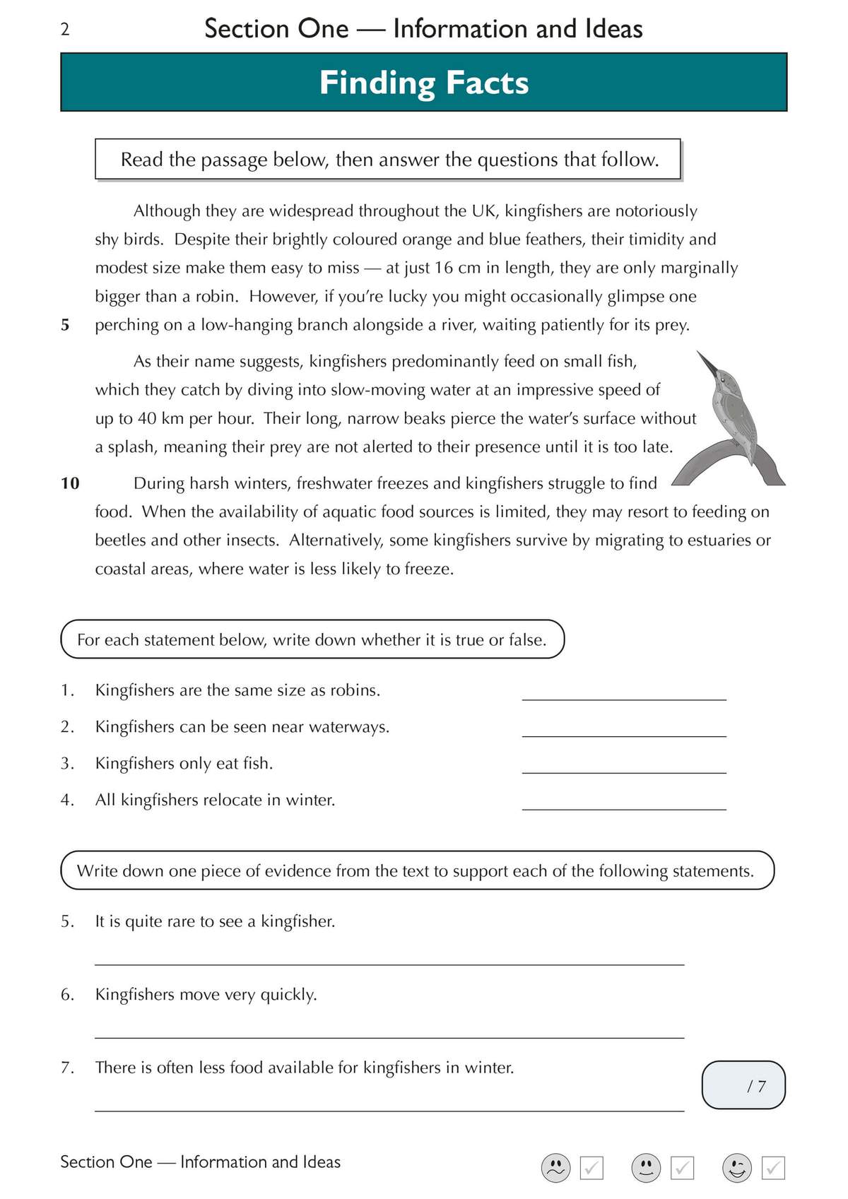 A reading passage about kingfishers is followed by true/false statements and evidence questions to test understanding