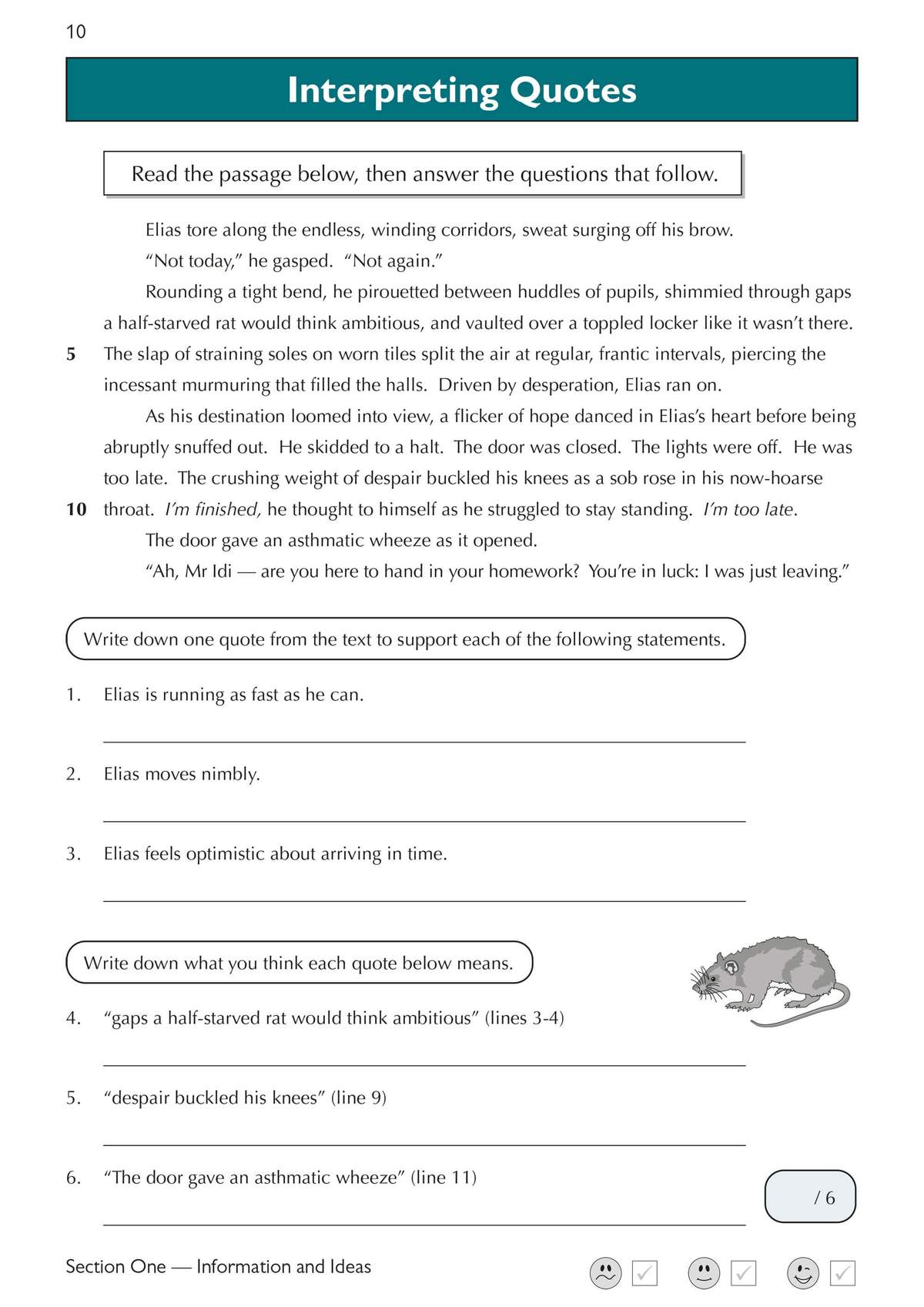 A reading passage about Elias running late, followed by questions to find supporting quotes and explain their meaning