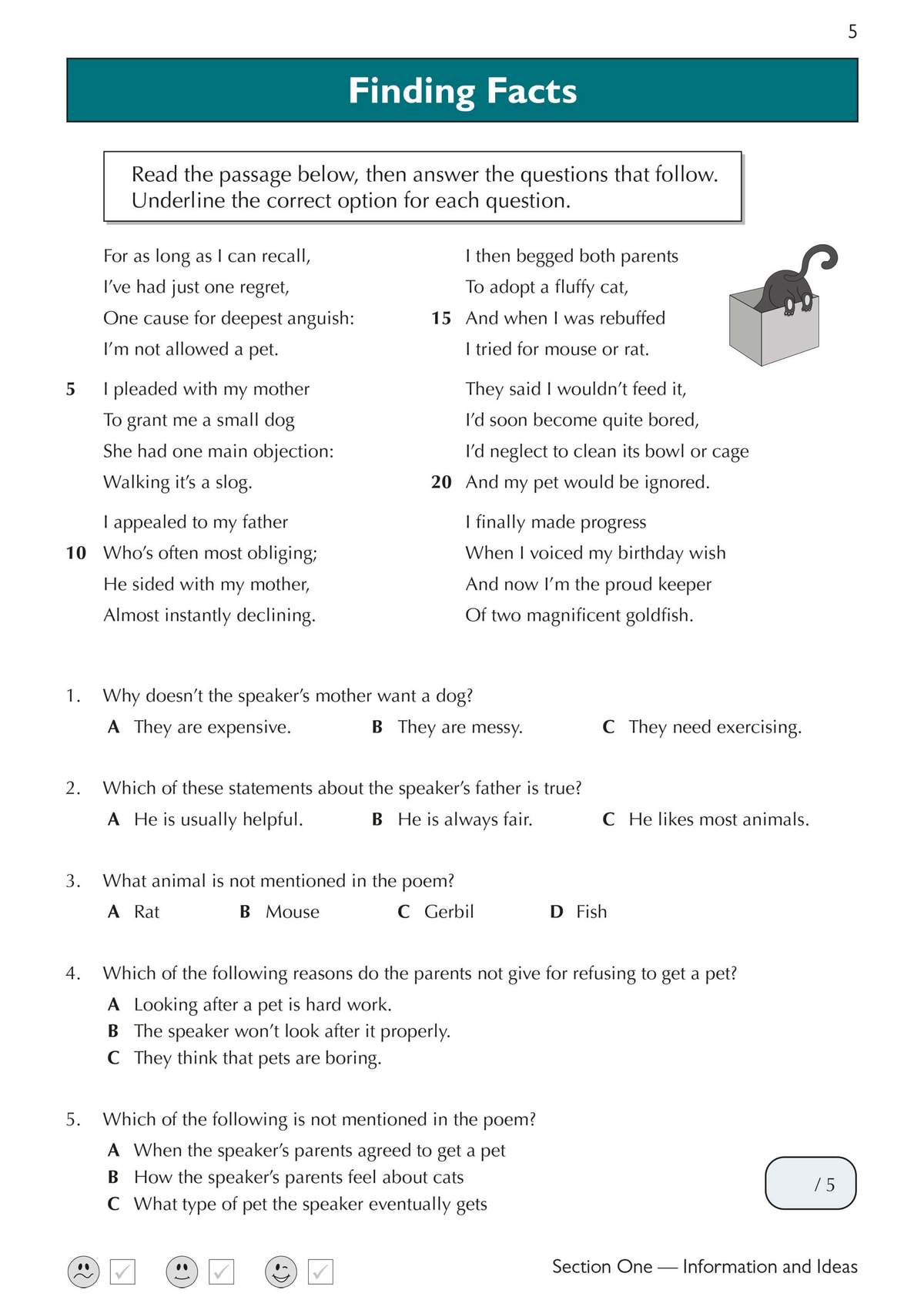 A reading passage about a child wanting a pet, followed by five multiple-choice questions to test understanding