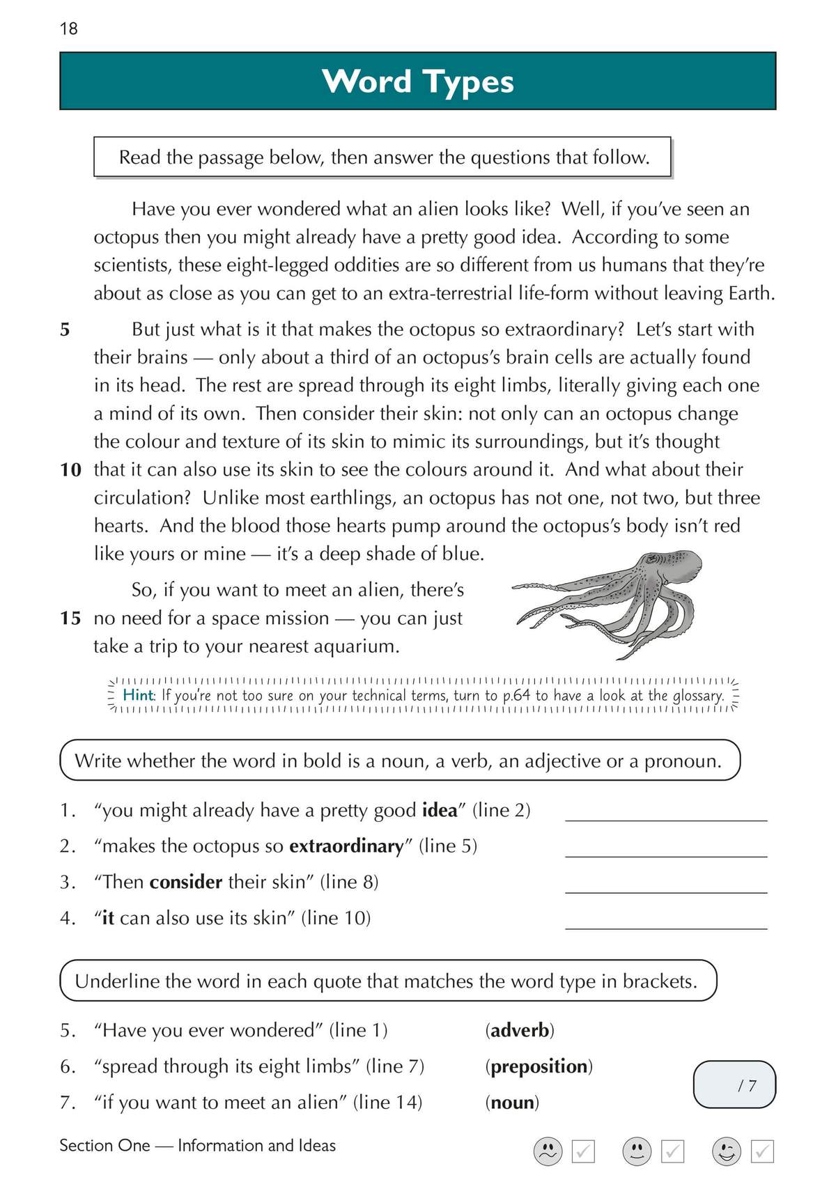 A reading passage about an octopus as an alien, followed by questions to identify word types and underline parts of speech
