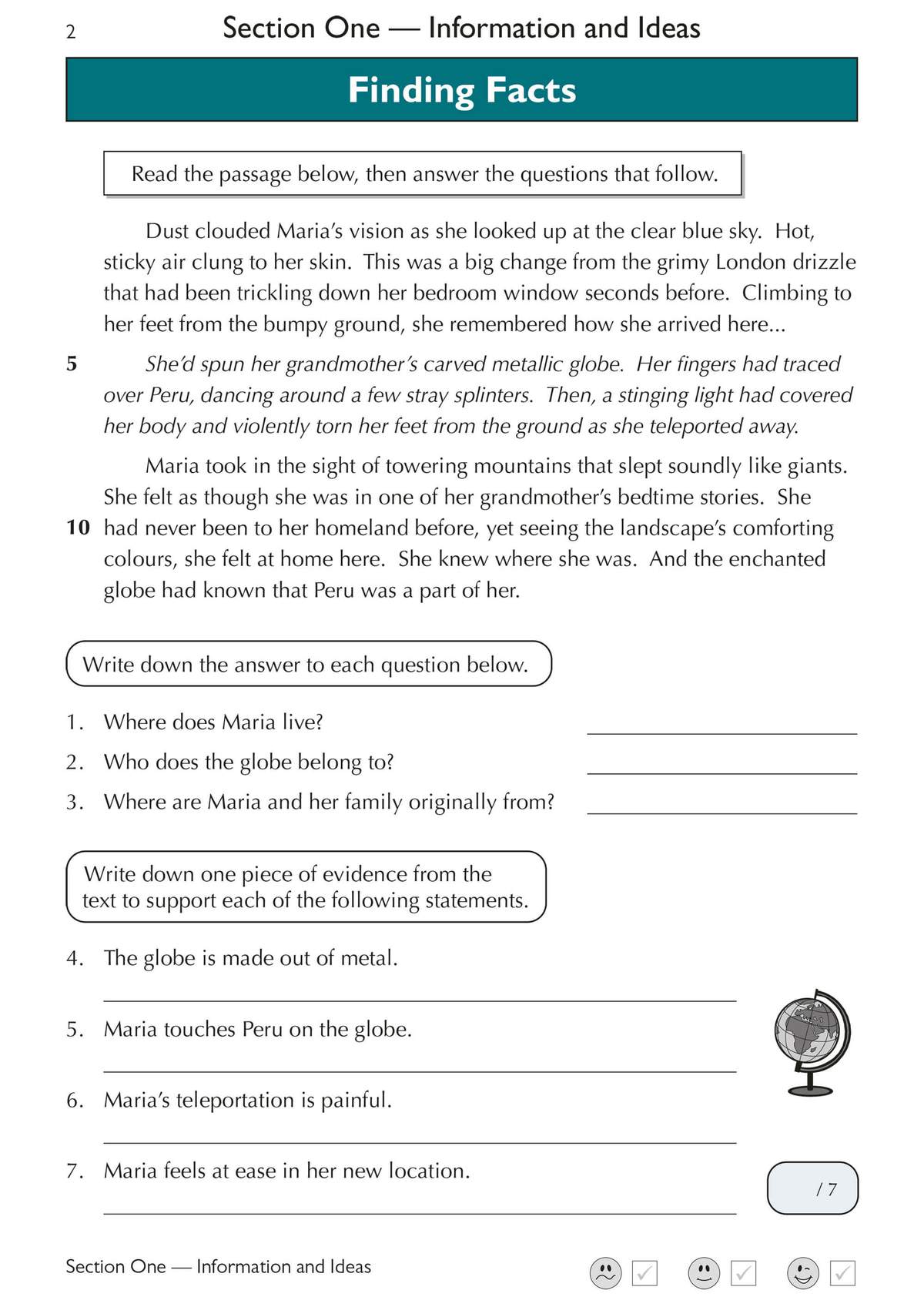 A reading passage about Maria's teleportation, followed by seven questions requiring short written answers and evidence