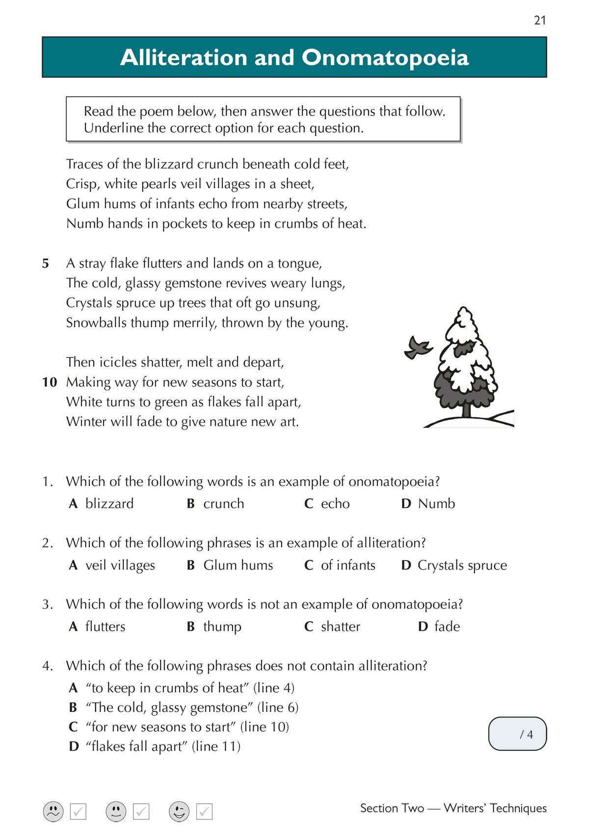 Children read a winter poem and answer four multiple-choice questions about alliteration and onomatopoeia