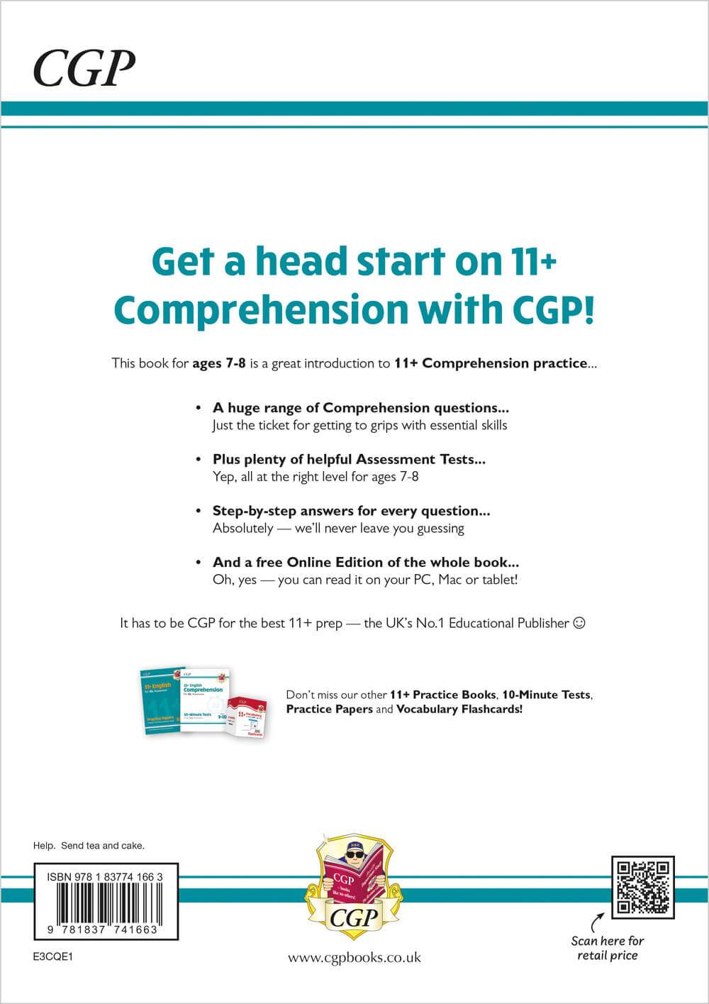 The back cover of an 11+ English practice book for ages 7-8, highlighting features like assessment tests and an online