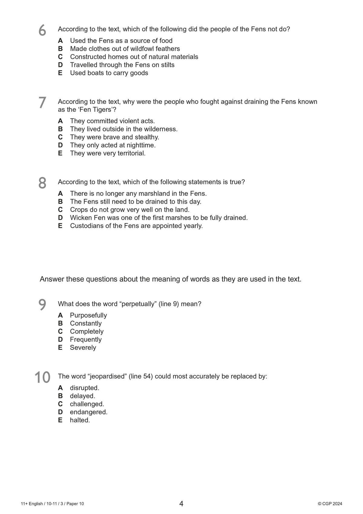 Five multiple-choice questions test reading comprehension and vocabulary understanding from a text about the Fens