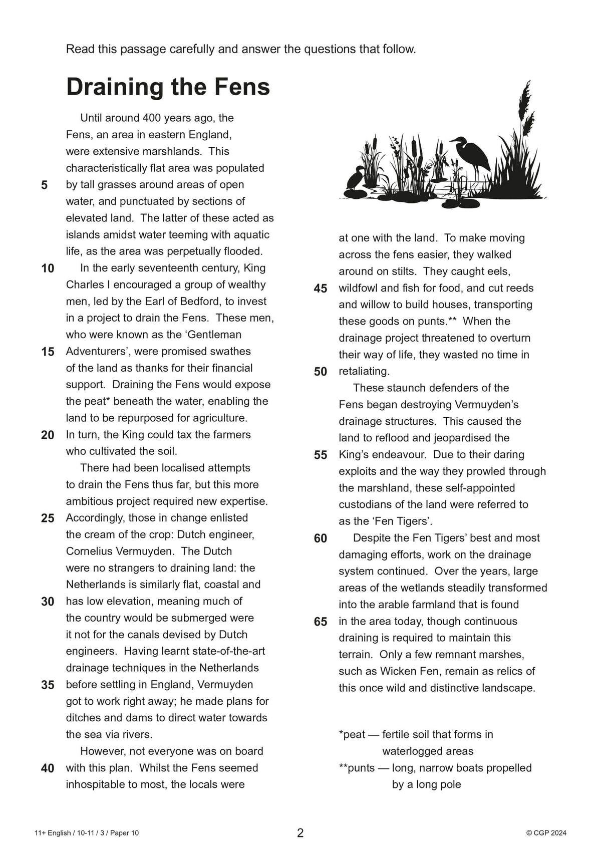 A historical passage about the draining of the Fens, featuring a silhouette illustration of birds and reeds
