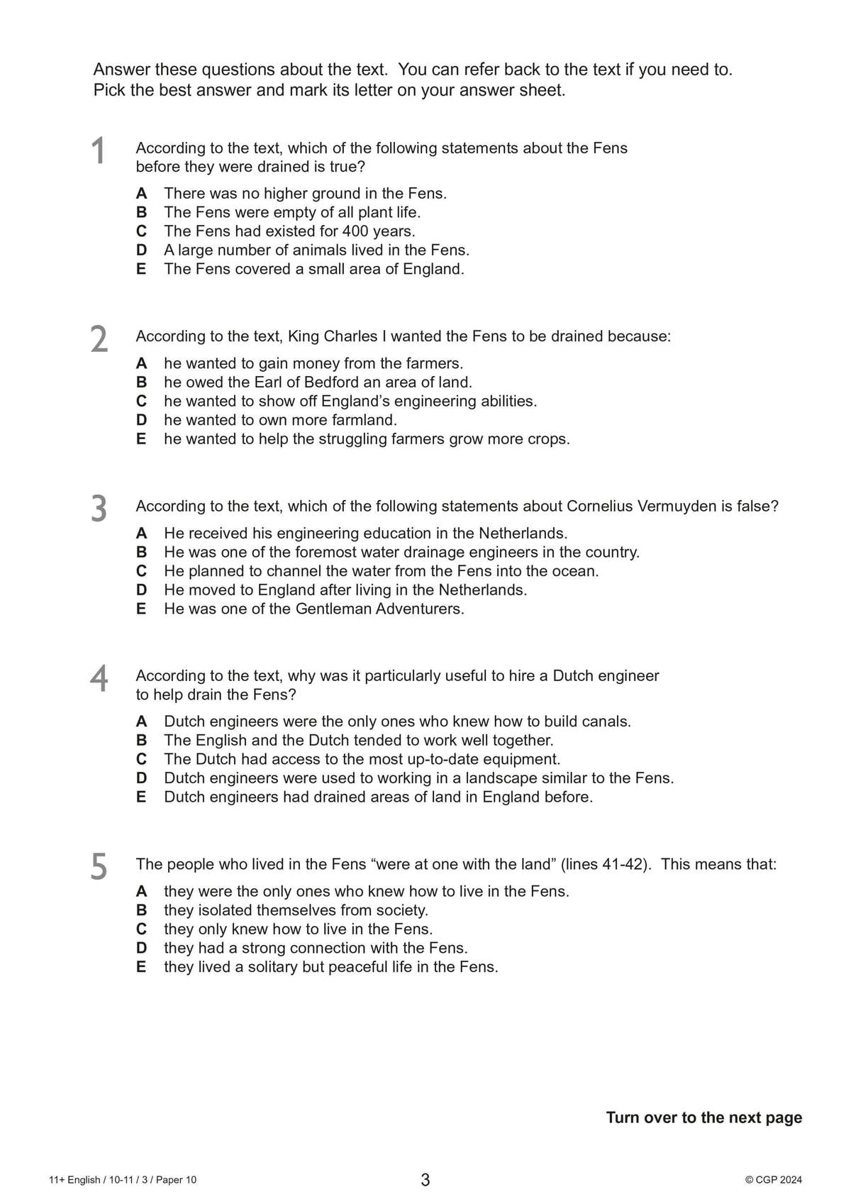 Five multiple-choice questions test understanding of a text about the Fens and Cornelius Vermuyden