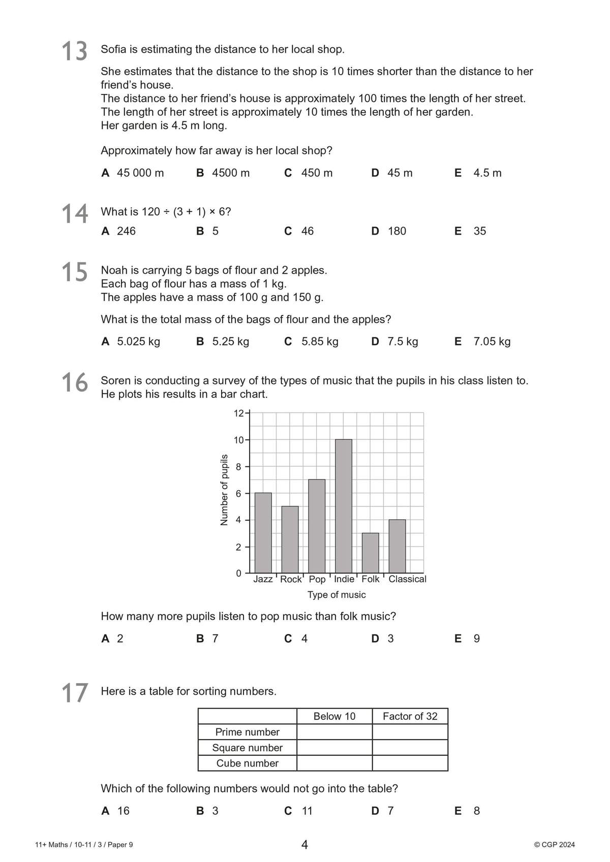 Five multiple-choice questions on estimation, arithmetic, mass, bar charts, and number properties