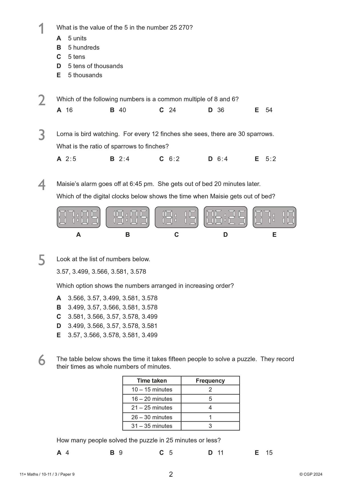 Six multiple-choice questions on place value, ratios, time, decimals and frequency tables
