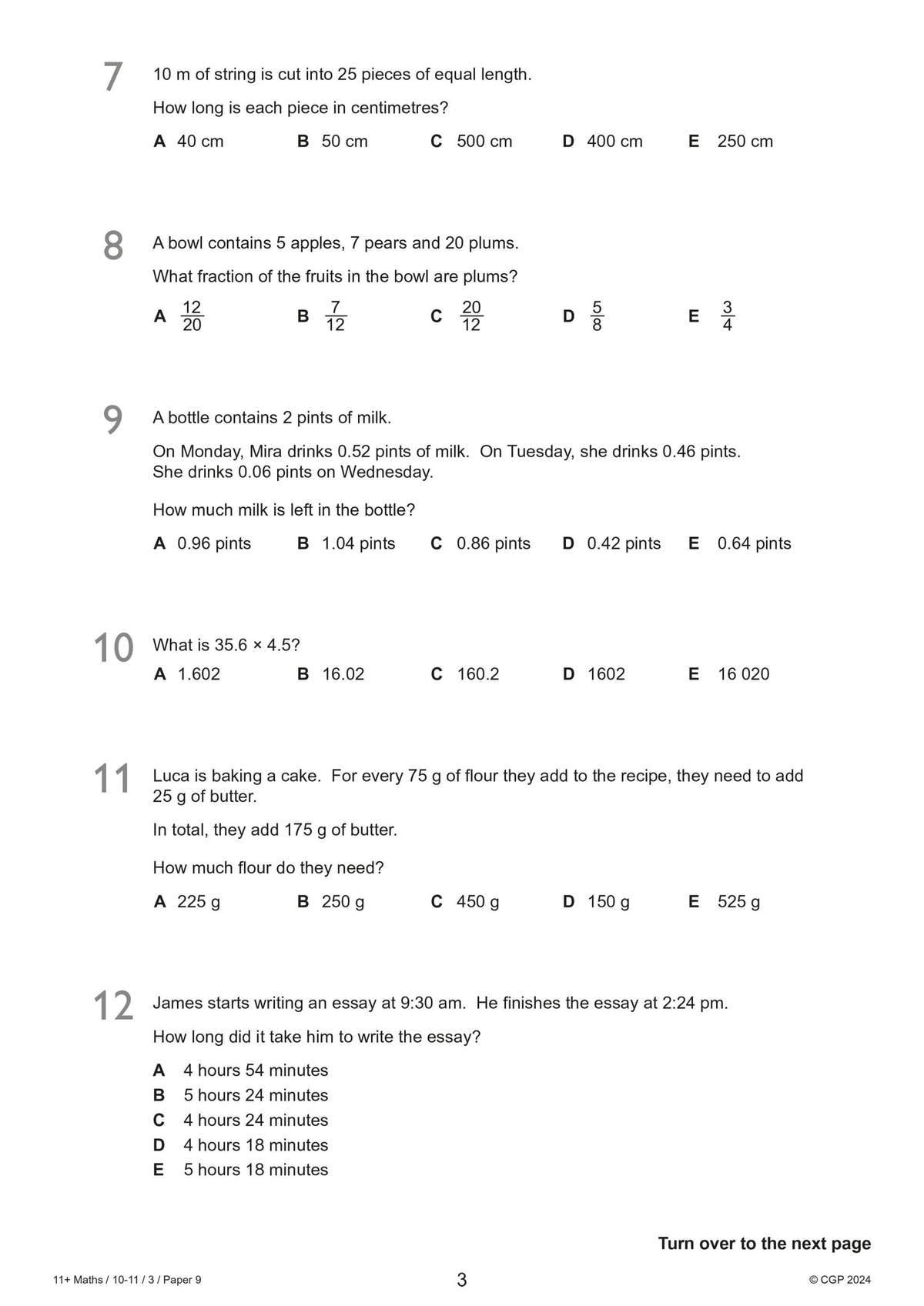 Six multiple-choice maths questions on fractions, decimals and time, requiring calculations to find the correct answer