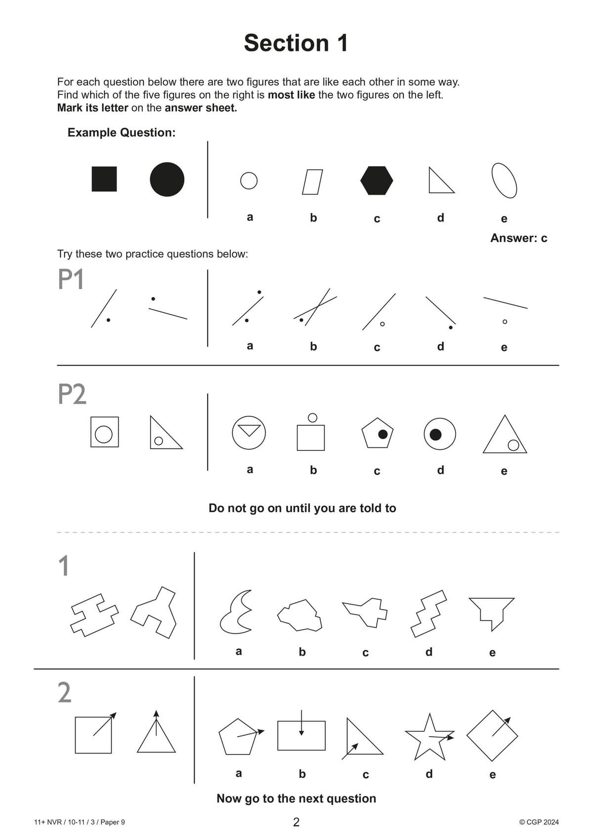 A non-verbal reasoning practice page with six multiple-choice questions asking children to find the figure most like two