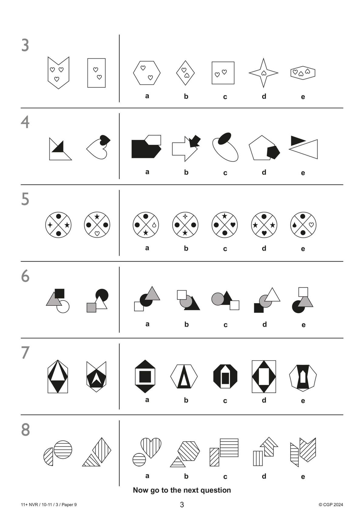 Six non-verbal reasoning questions where children select the correct shape to complete a pattern