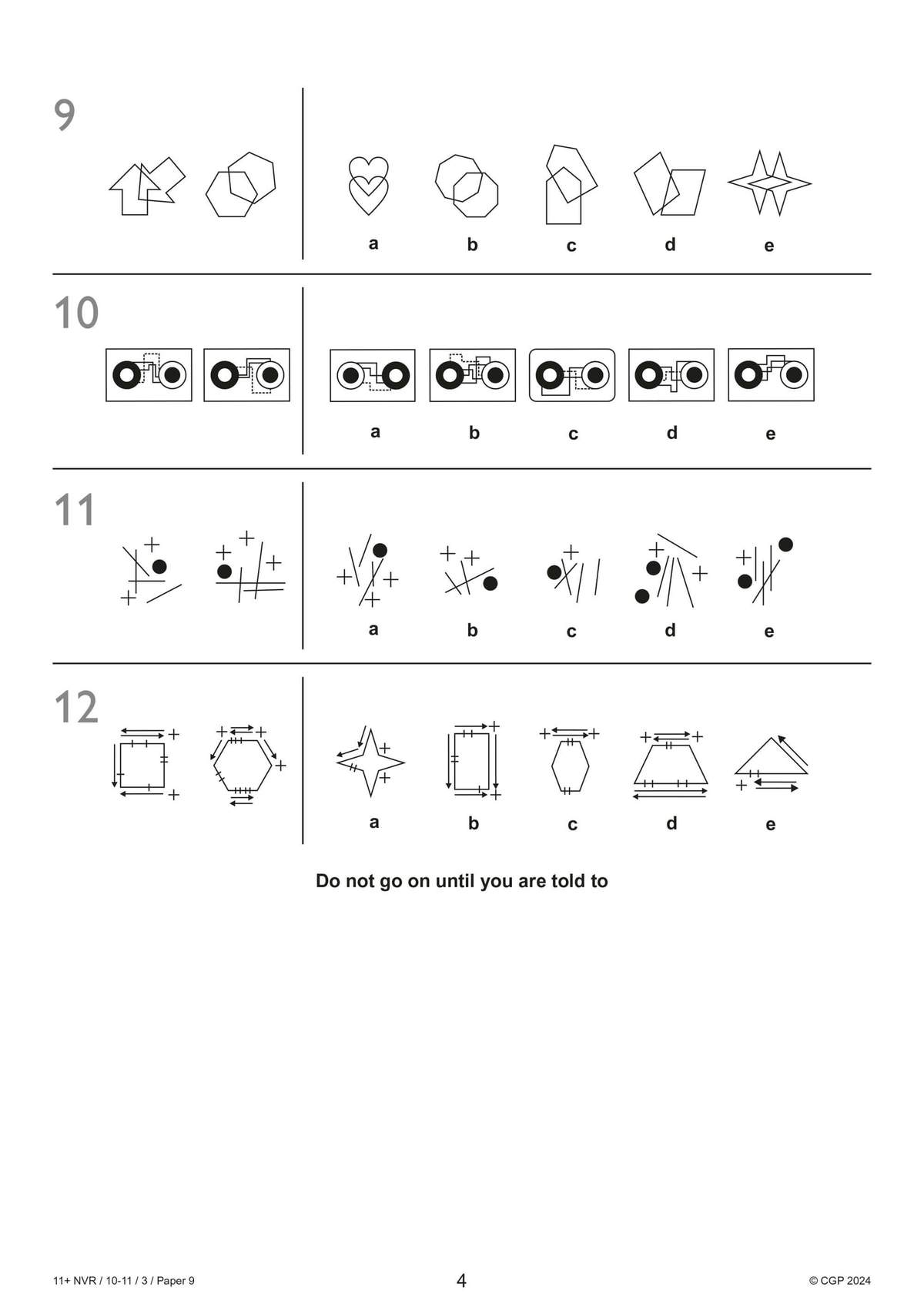 Four non-verbal reasoning questions where children select the correct option from five choices to complete a pattern