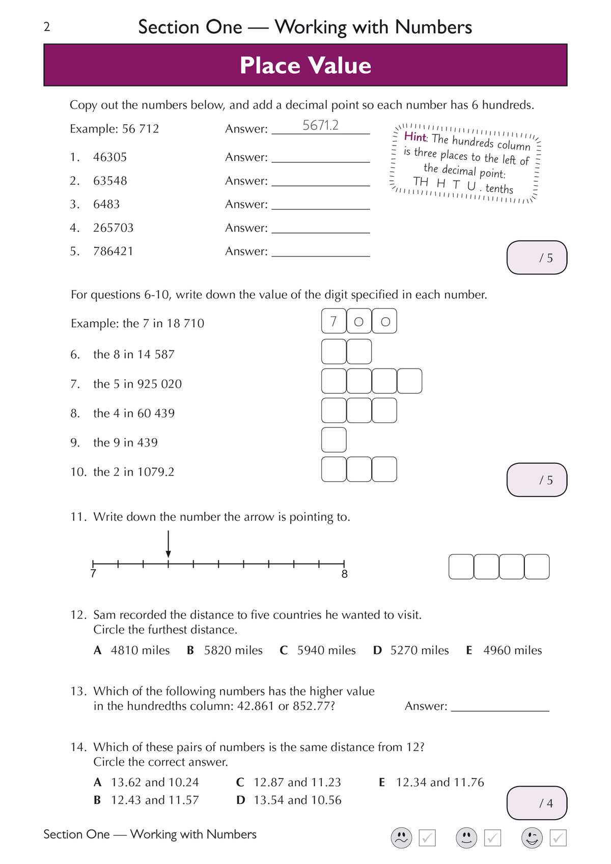 Children copy numbers to add decimal points, identify digit values, read a number line