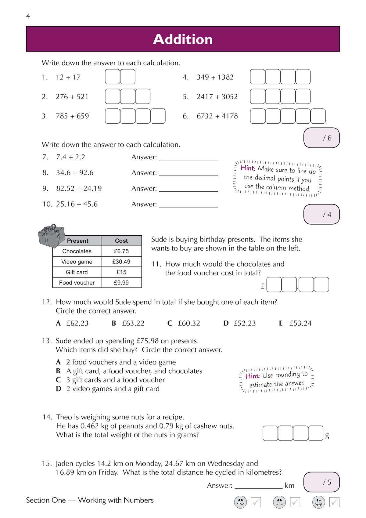Children solve 15 addition problems involving whole numbers, decimals, and money, including a table to work with