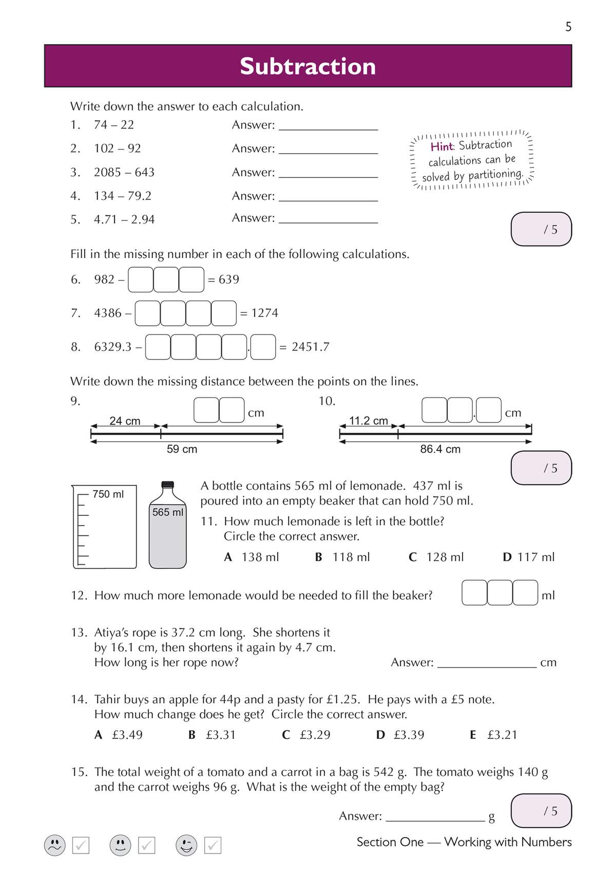 Children solve 15 subtraction problems involving decimals, missing numbers, and word problems, with a hint on partitioning