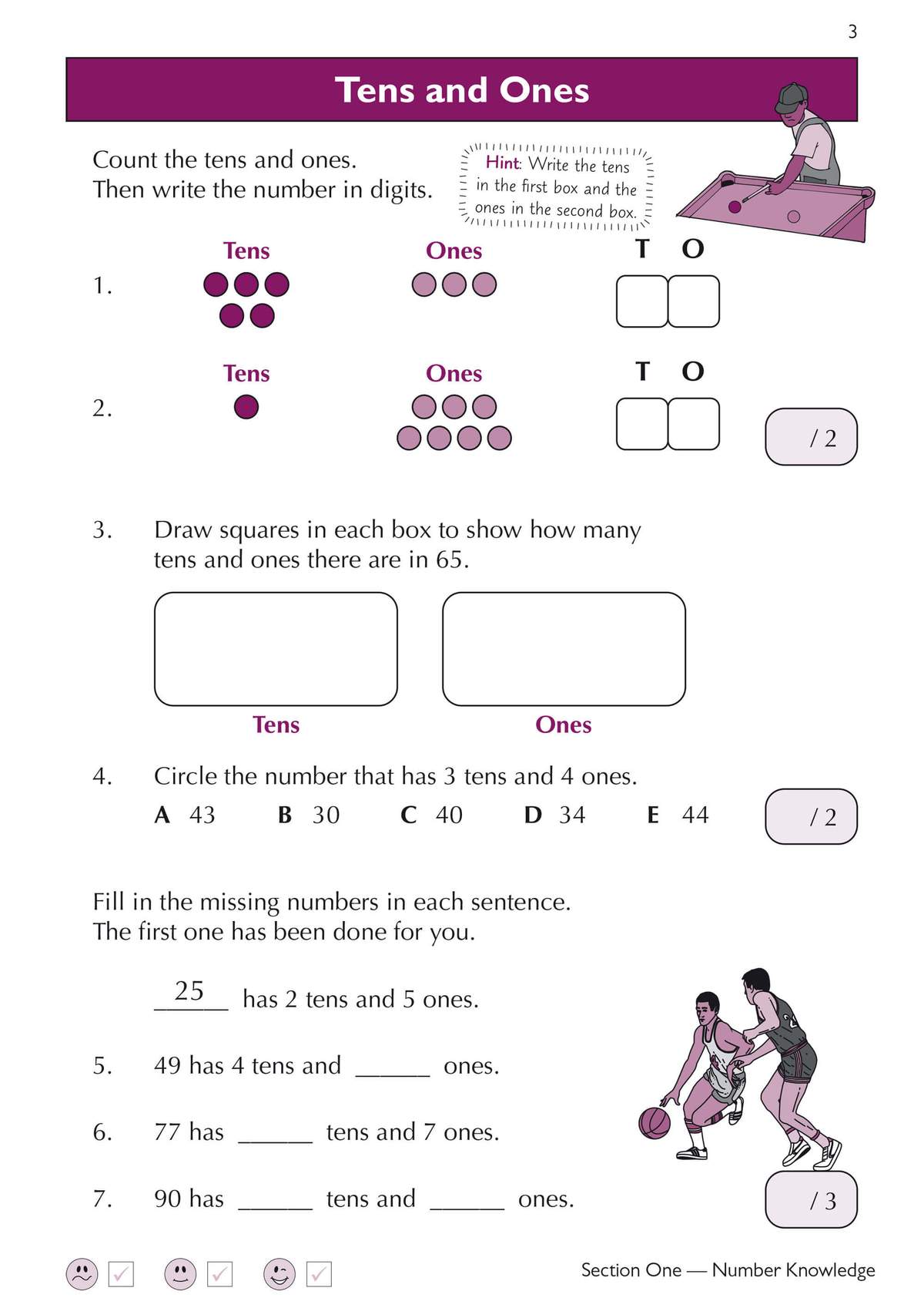 Children count dots to identify tens and ones, then write the number, draw squares to represent 65