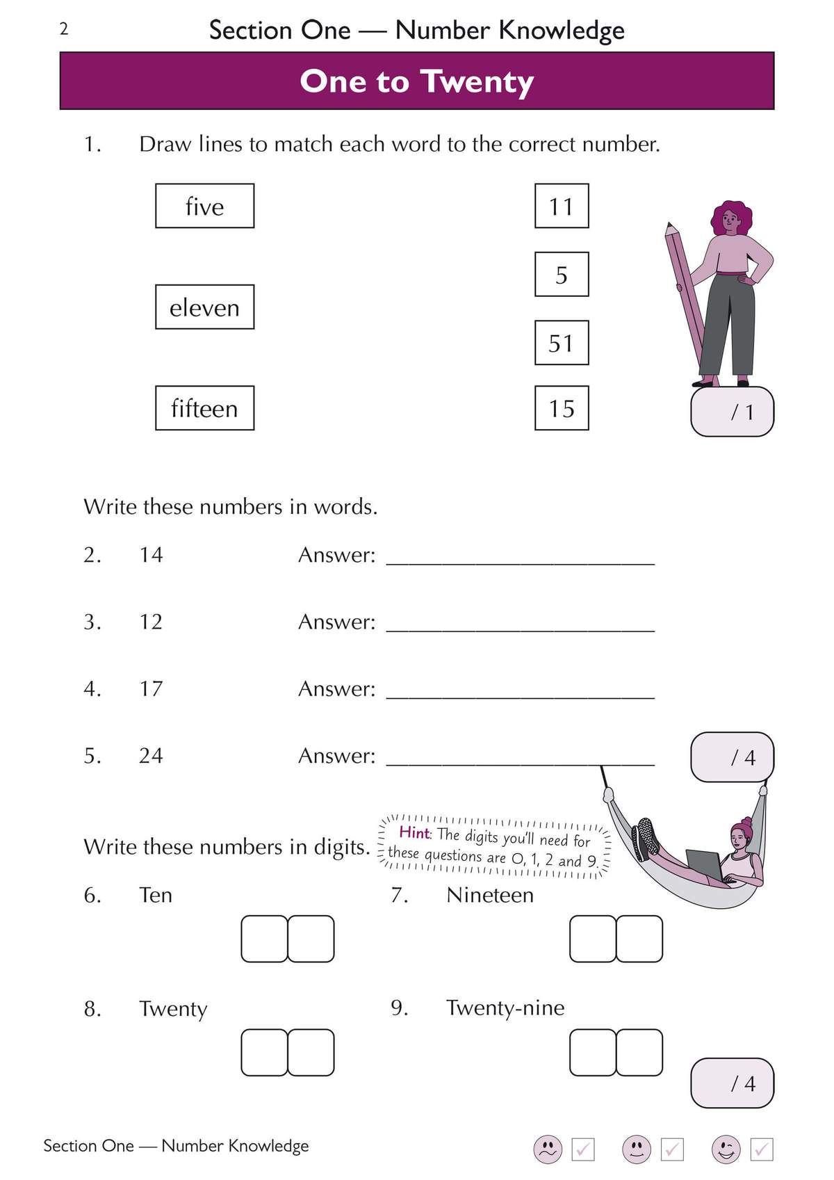 Children match number words to digits, write numbers in words, and convert words to digits, building early numeracy skills