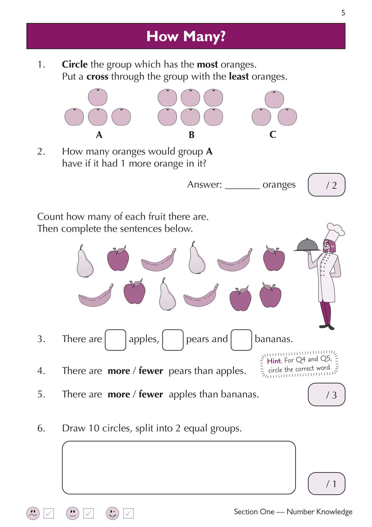 Children circle groups of fruit, count apples, pears and bananas, compare quantities and draw 10 circles to split into two