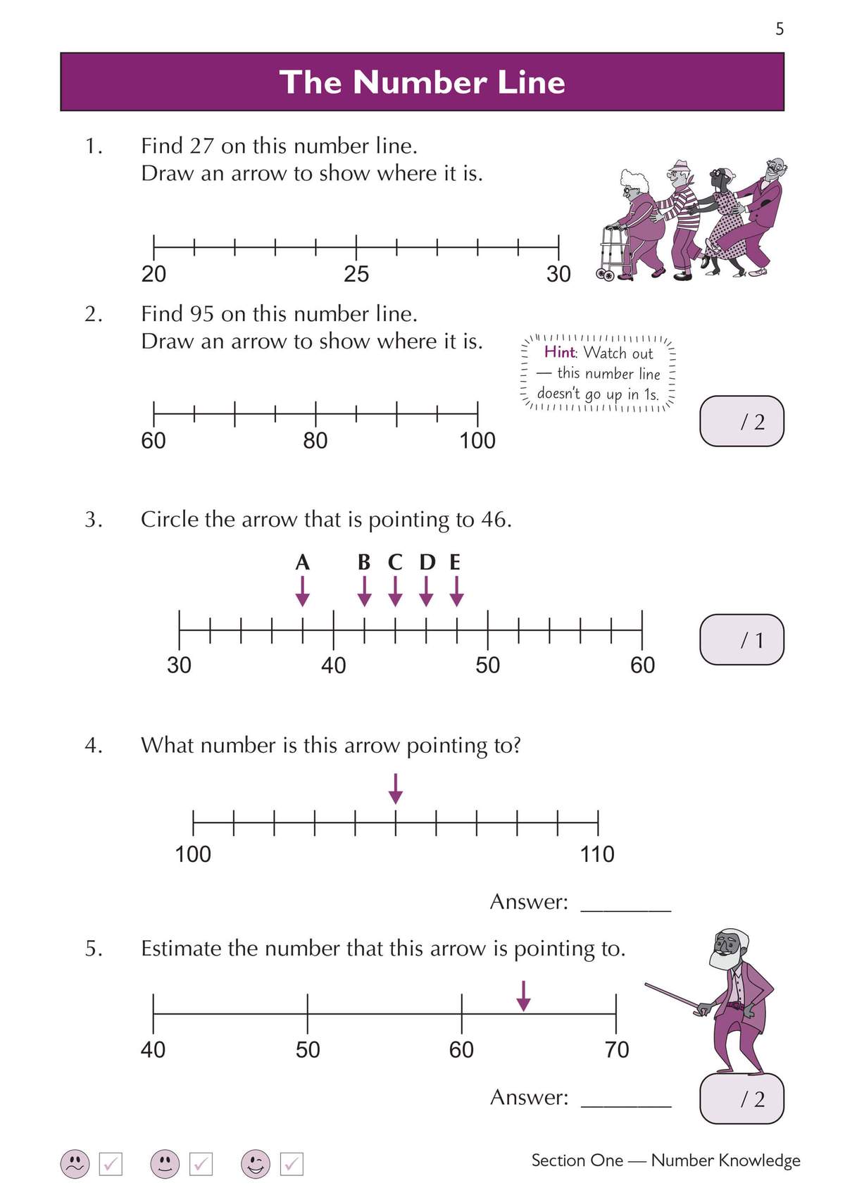 Five exercises on reading number lines, including finding numbers, circling arrows, and estimating values