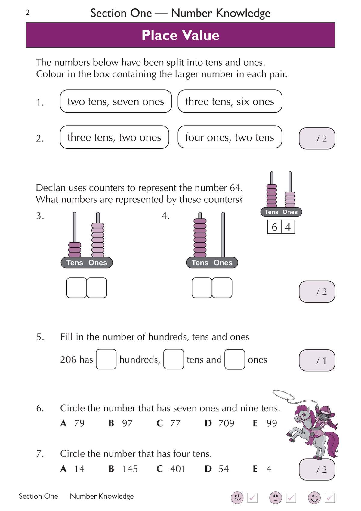 Children colour boxes to compare numbers, fill in place value for 206, and circle correct answers to place value questions
