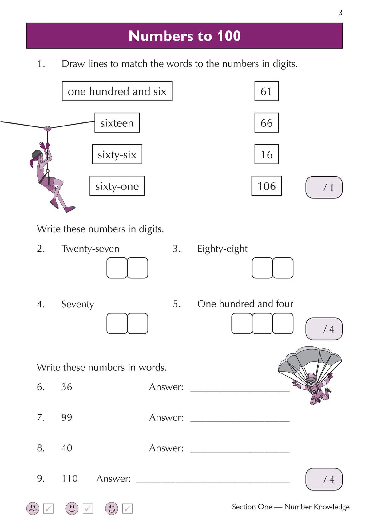 Children match number words to digits, then write numbers in digits and words