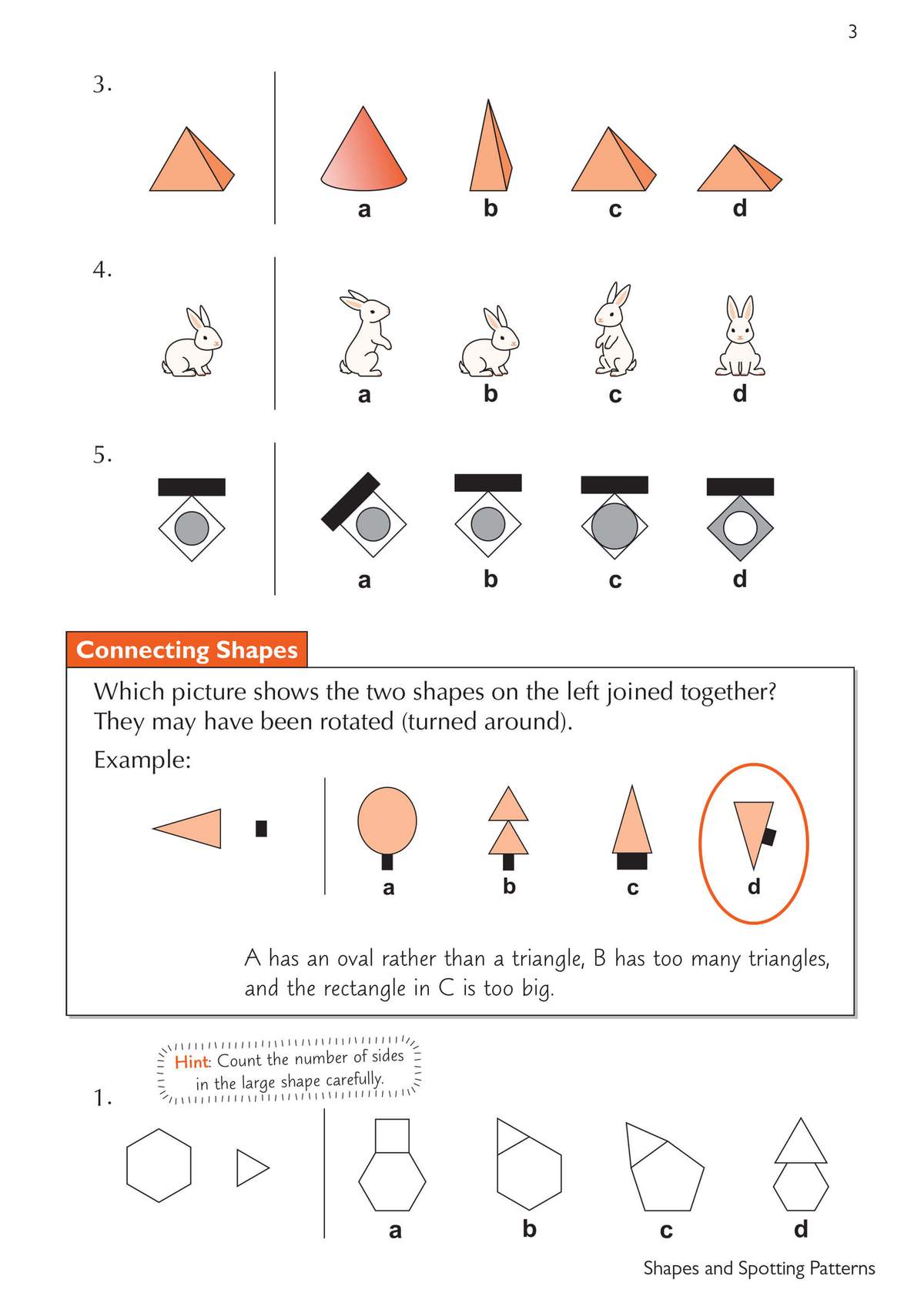 Children match shapes to their rotated versions and join two shapes together, building visualisation skills for 11+ tests