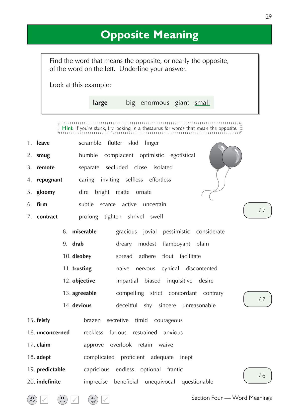 Children find the opposite of 20 words from a list of four options, underlining the correct answer