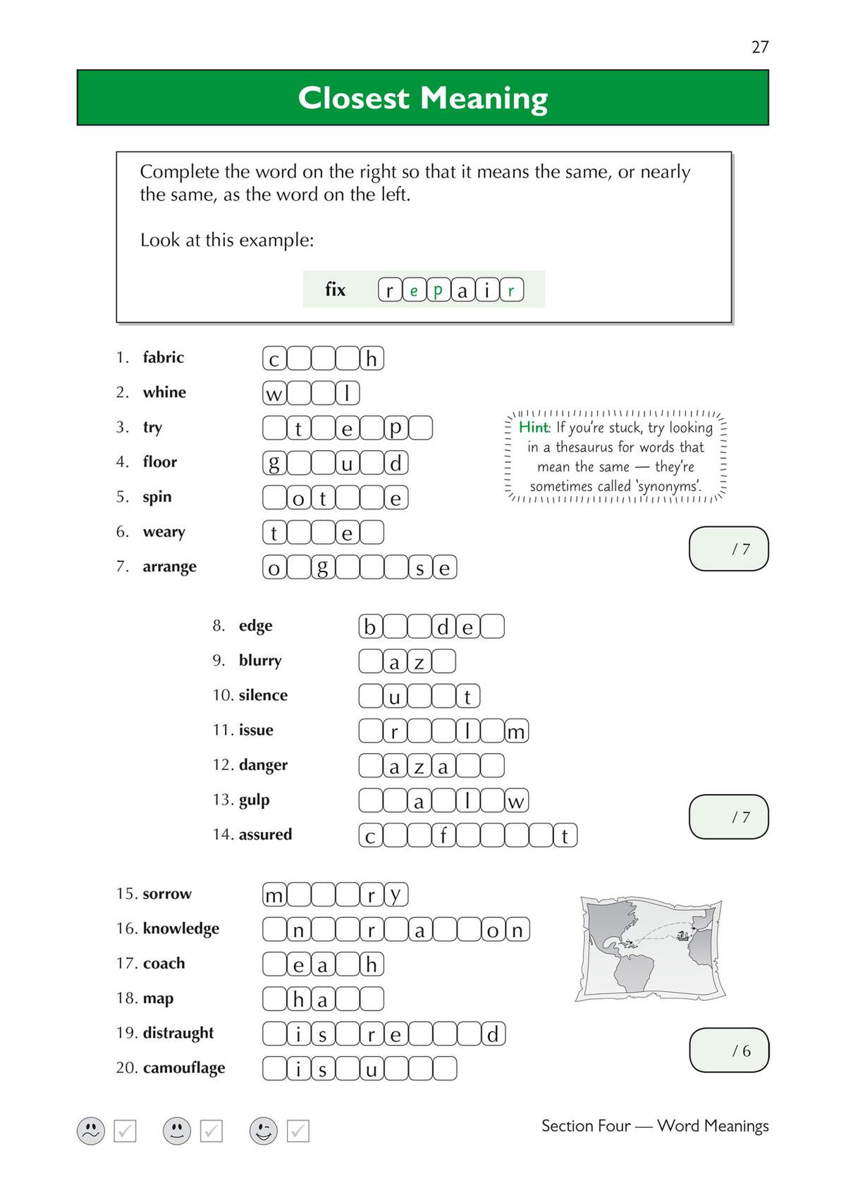 Children complete 20 word pairs by filling in missing letters to find synonyms, with a hint box and self-assessment faces