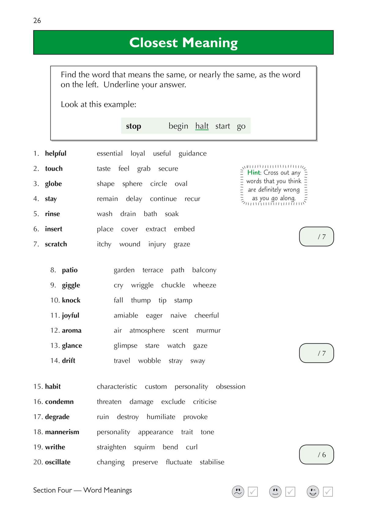 A verbal reasoning exercise where children find synonyms for 20 words and underline the correct answer from a list