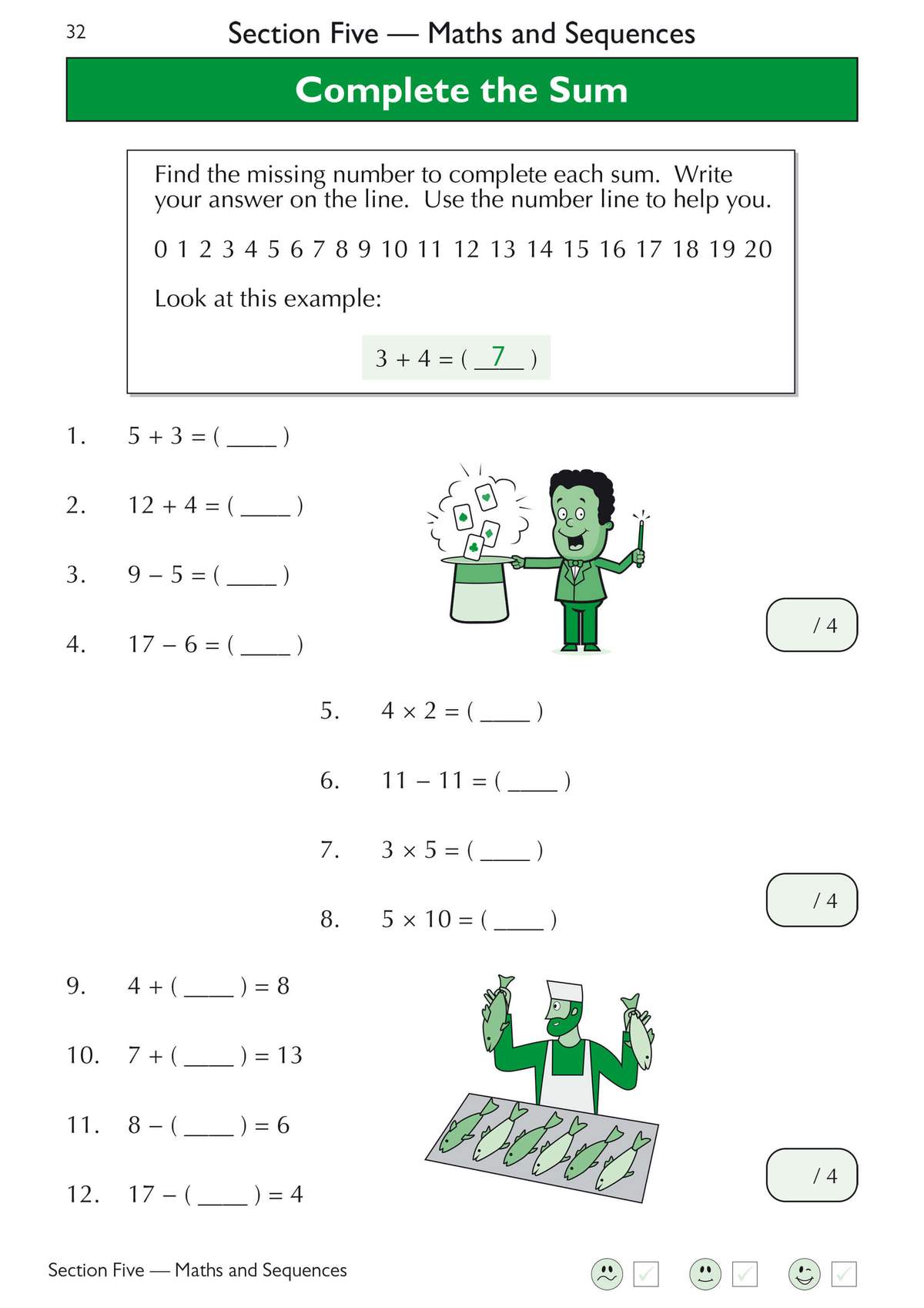 Children complete 12 missing-number sums using a number line, with a magician and fishmonger cartoons to keep it engaging