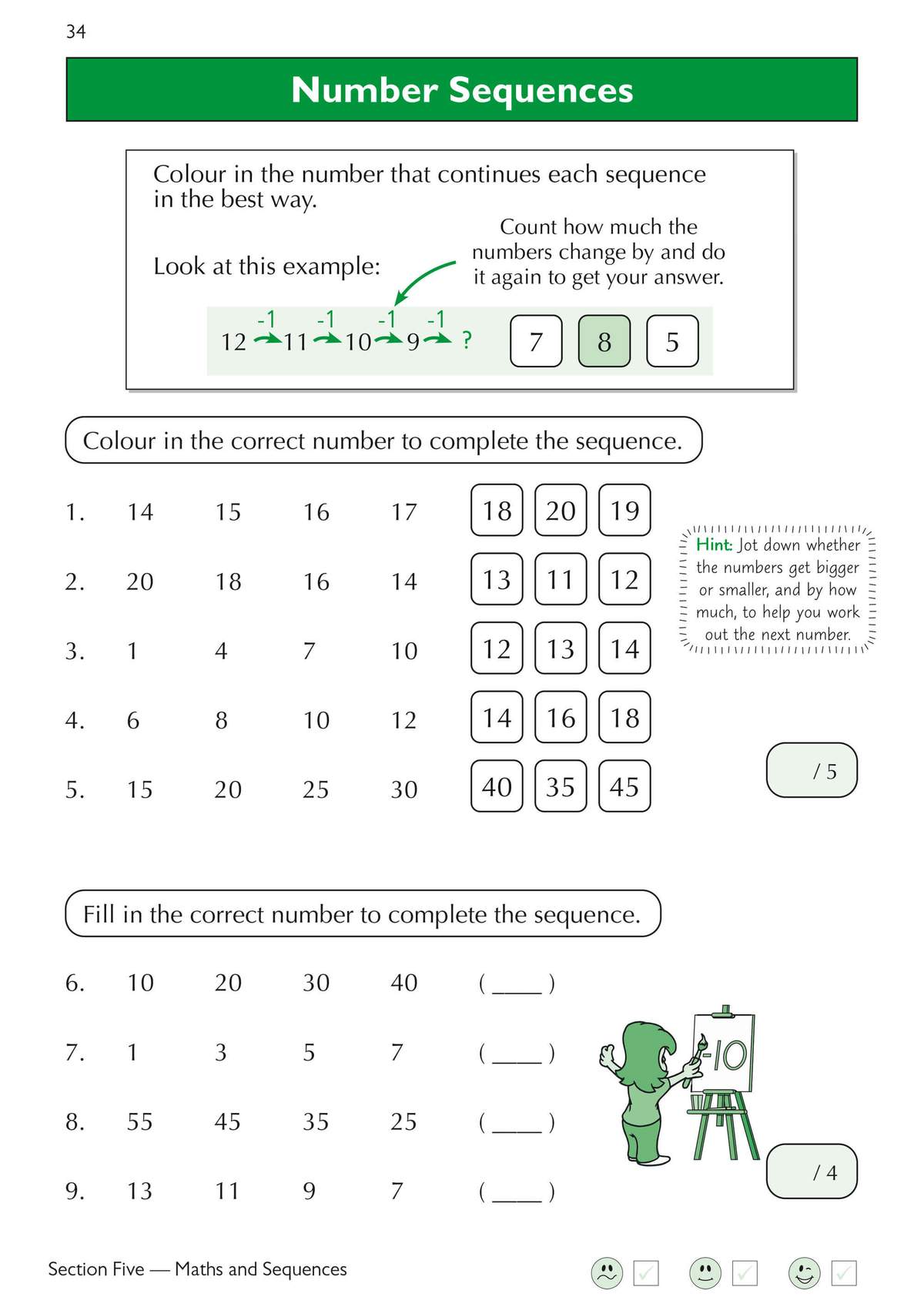 Children colour the correct number to complete five sequences, then fill in the blanks for four more