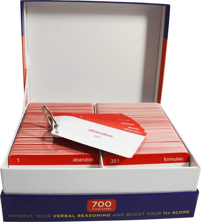 A box of 700 red and white flash cards for 11+ verbal reasoning, with sample cards showing words like abandon and formulaic