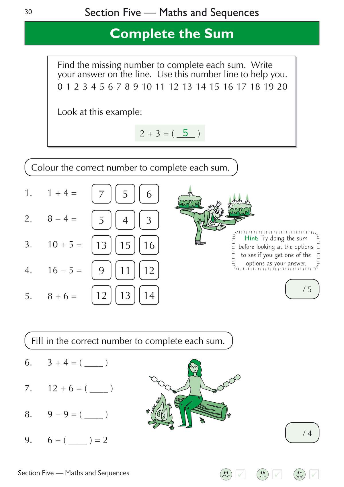 Children complete simple addition and subtraction sums, choosing answers from boxes or filling in blanks
