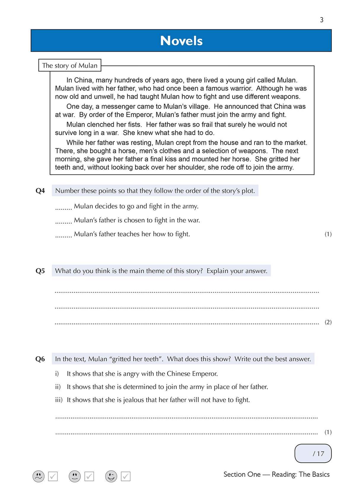 A reading passage about Mulan is followed by questions on plot order, theme and vocabulary meaning