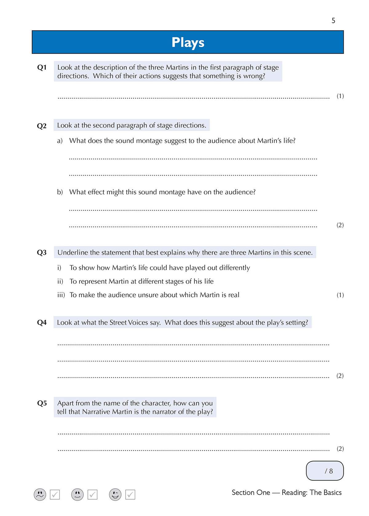 Five questions on analyzing stage directions and character roles in a play, with space for written answers and