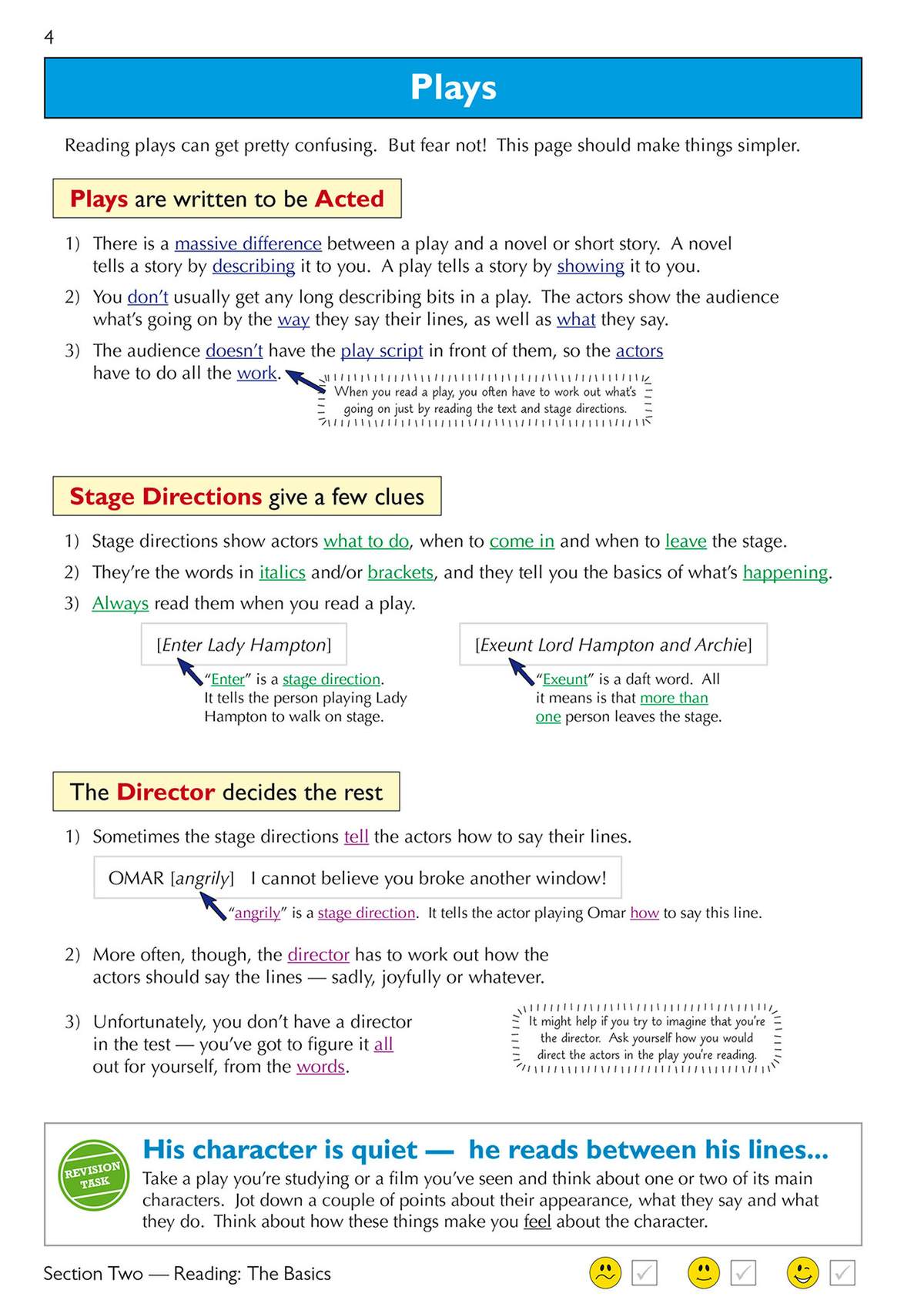 Clear notes on how to read plays, with examples of stage directions and a revision task to analyse characters