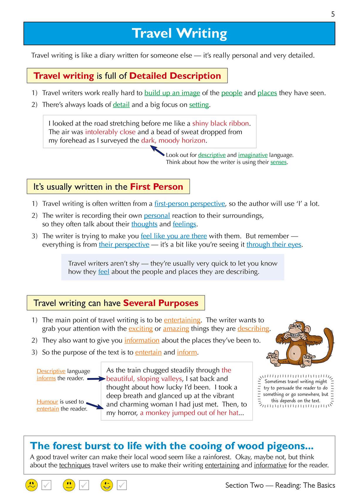 Clear notes on descriptive language and first-person perspective, with examples and a cartoon monkey to illustrate the points