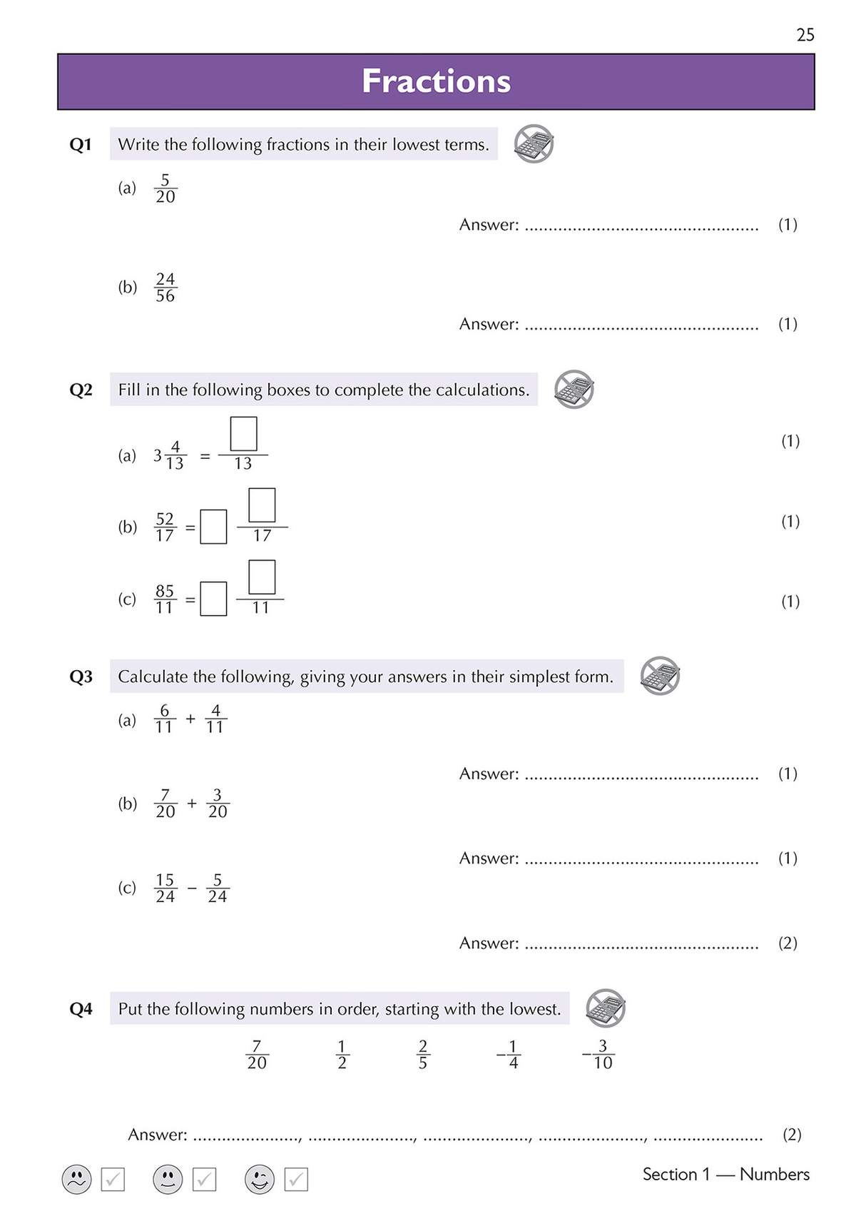 Four questions on simplifying fractions, adding and subtracting, and ordering negative numbers, with space to write answers