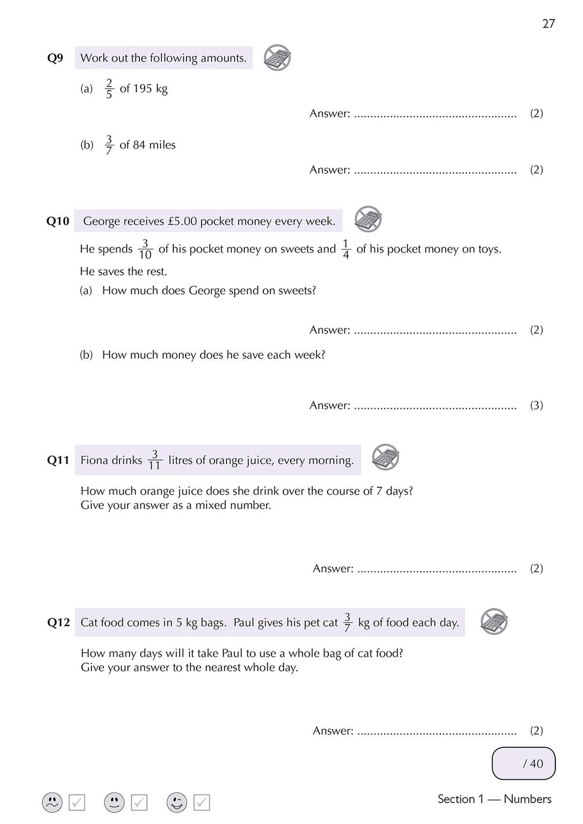 Four calculation questions on fractions of quantities, money and time, with space to write answers