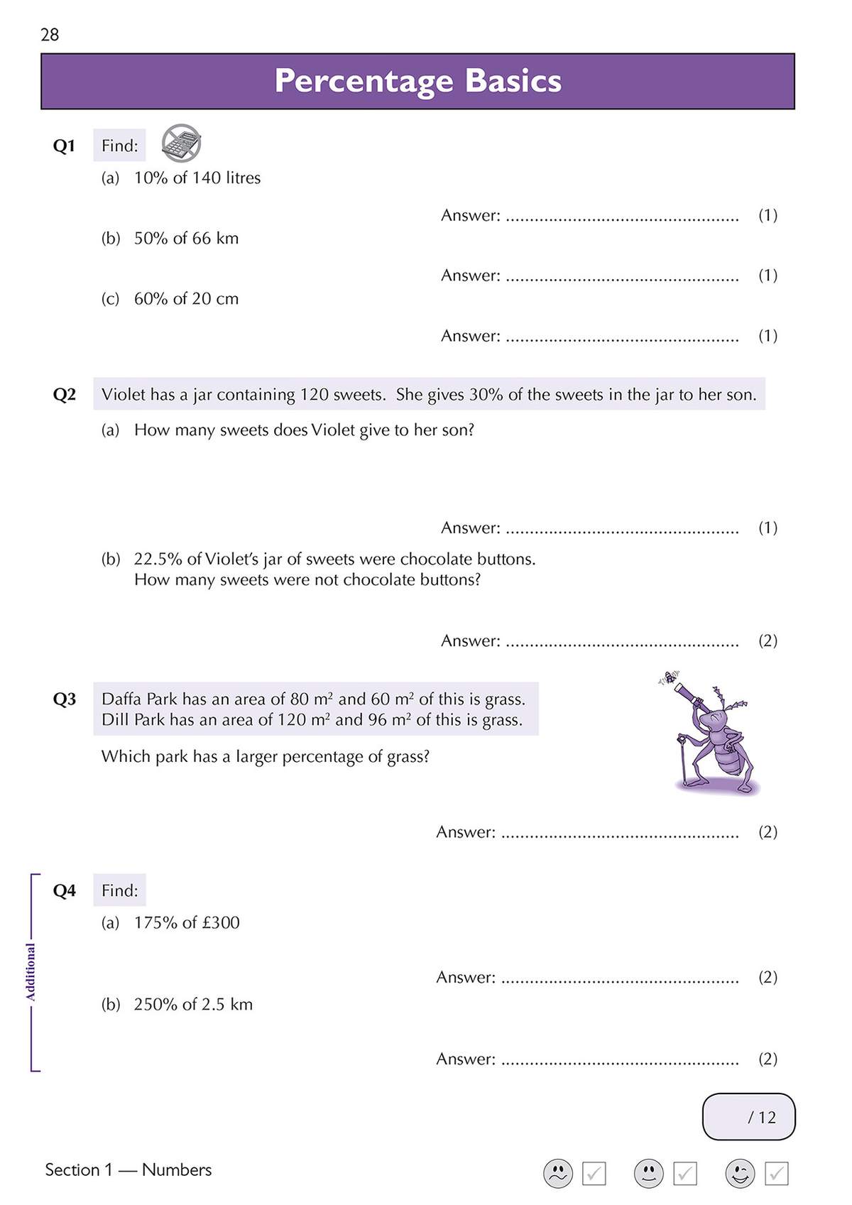 Four questions on calculating percentages of lengths, areas and money, with a cartoon ant to make the page engaging