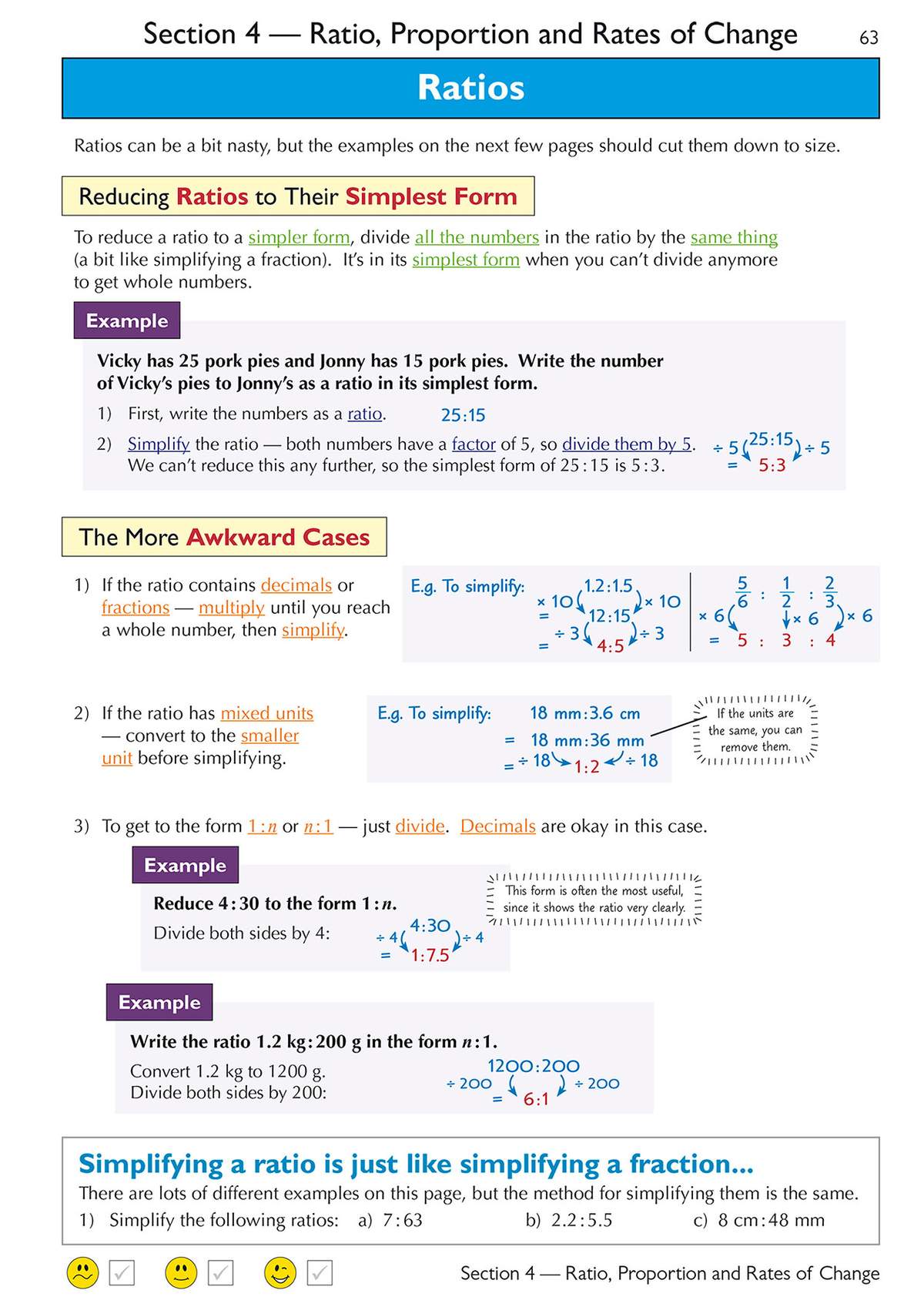 Clear worked examples show how to reduce ratios, handle decimals and mixed units, and convert to 1:n or n:1 forms