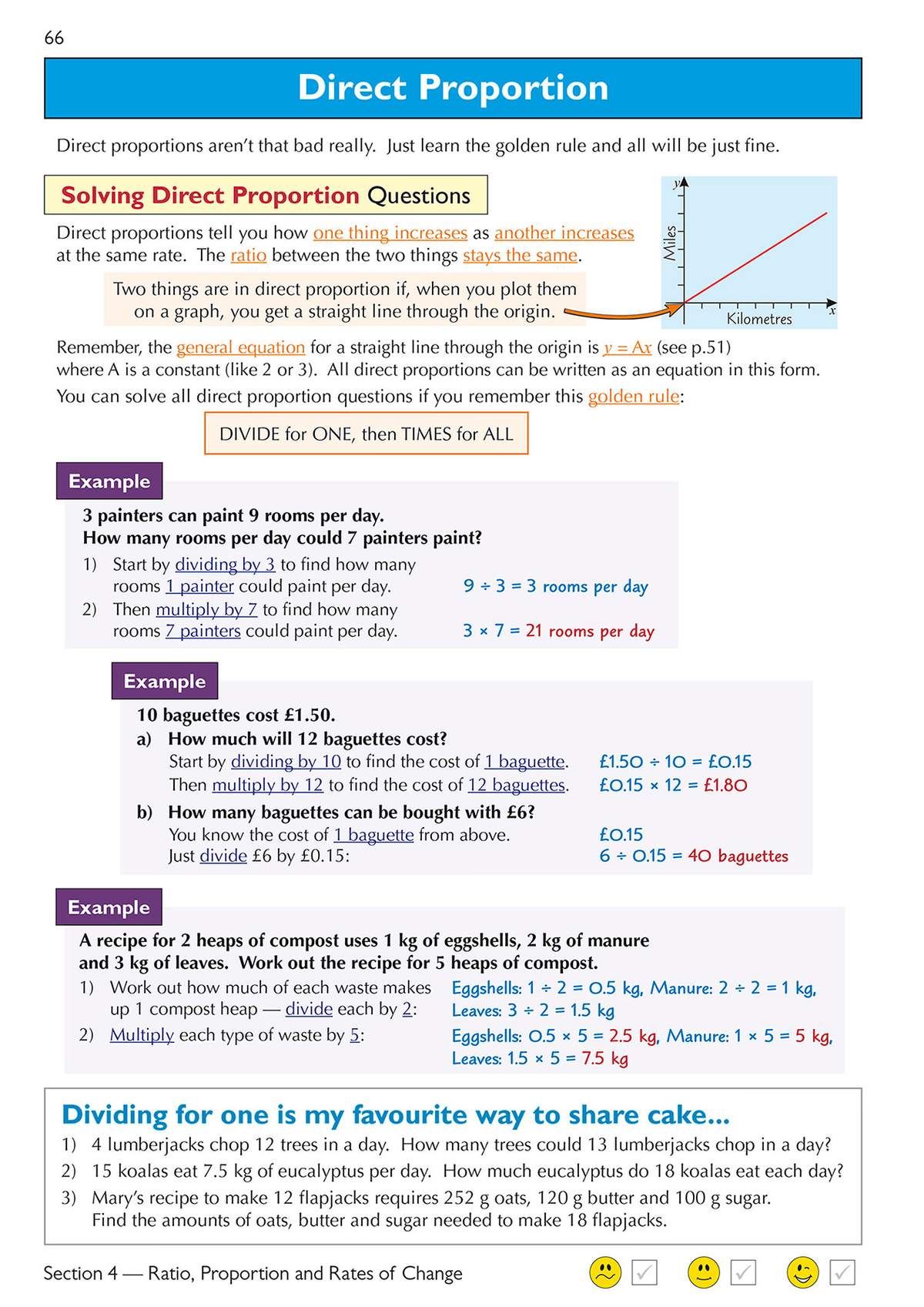 This page explains direct proportion with worked examples on painters, baguettes and compost, plus practice questions