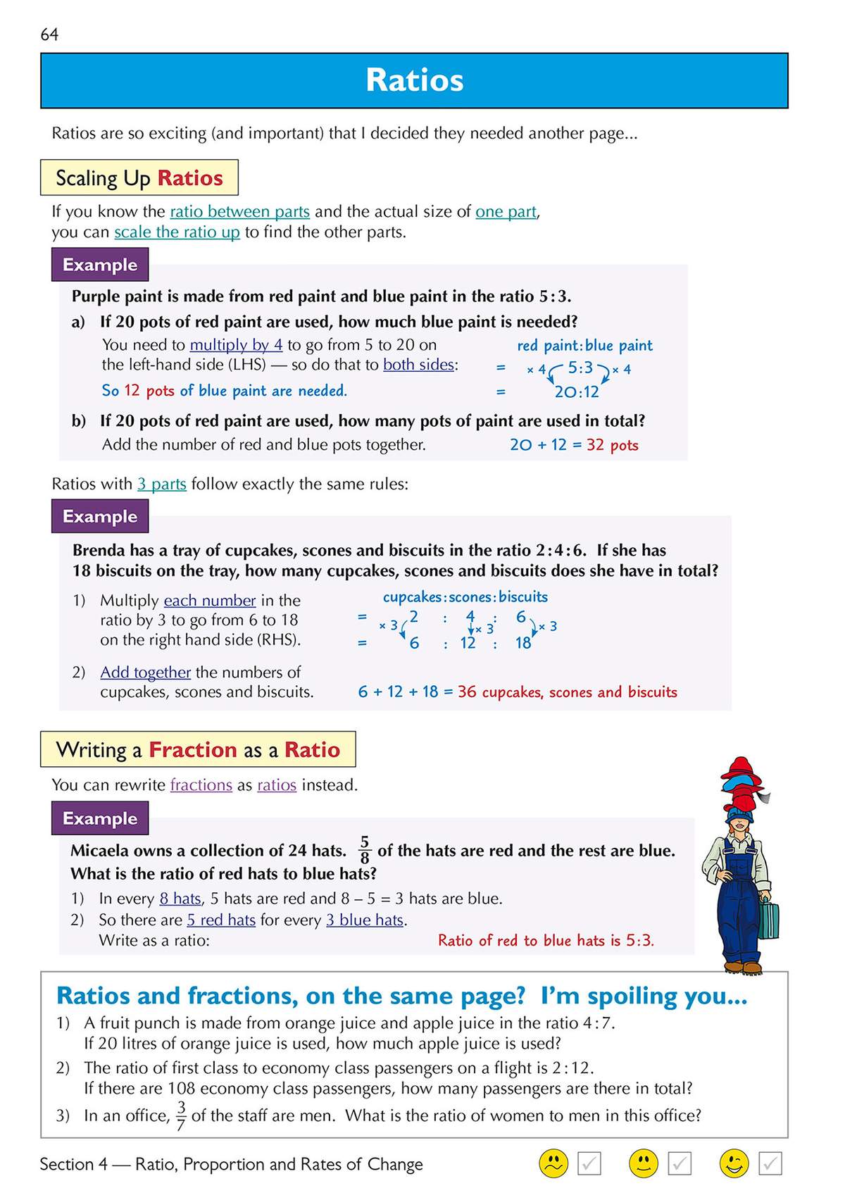 Clear worked examples on scaling ratios and converting fractions, with a cartoon character to keep the maths engaging
