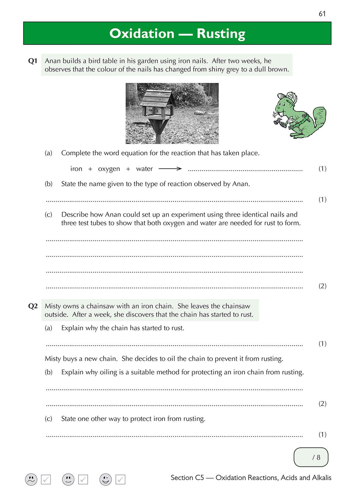 Two questions on rusting, including a word equation, explanations of why chainsaws rust and how oiling protects them