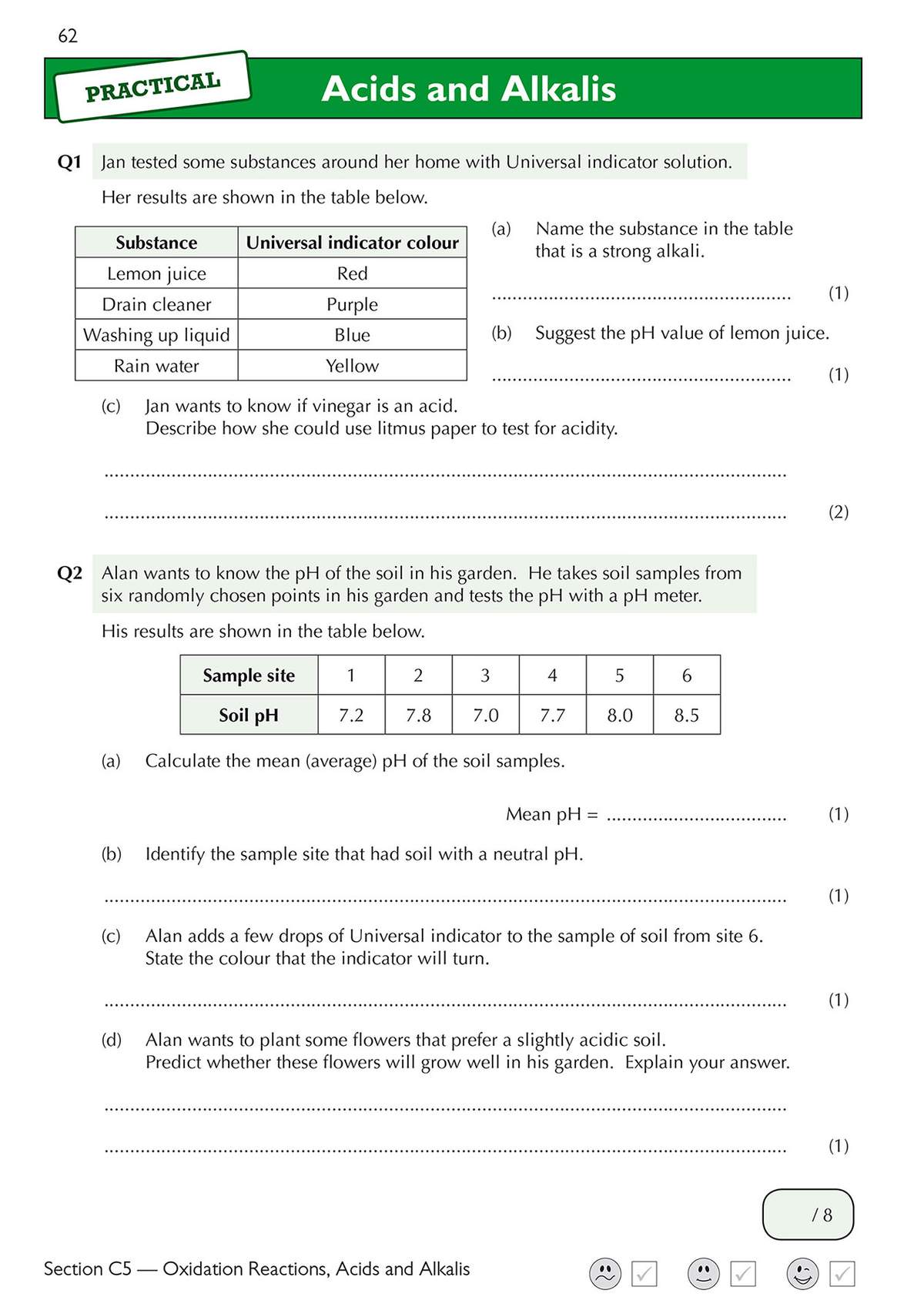 Two practical questions on acids and alkalis, requiring pupils to interpret data tables