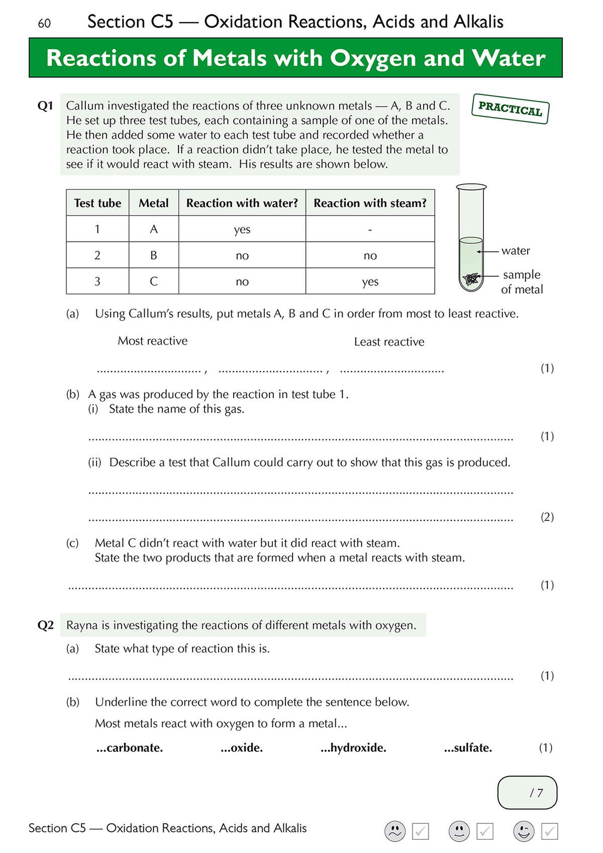 Students analyse a table of metal reactions with water and steam to order reactivity and identify products