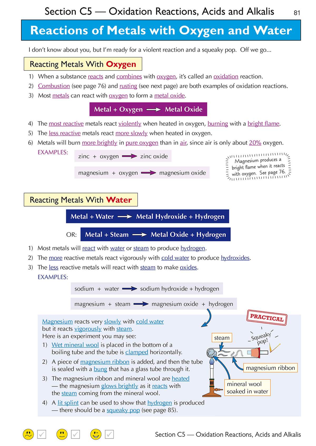 Clear notes on metal reactions with oxygen and water, including a practical experiment with magnesium ribbon and steam