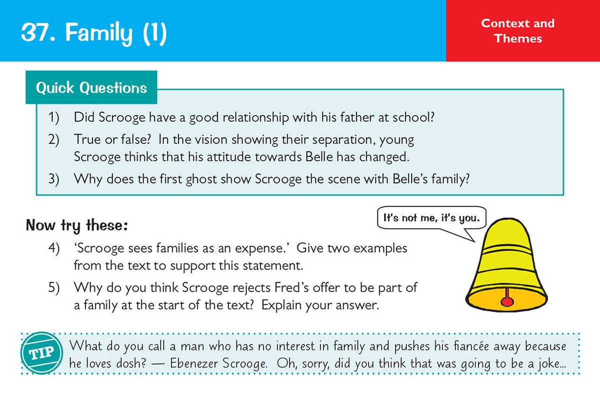 Five questions on Scrooge's family relationships, including true/false and short written answers to explain his character