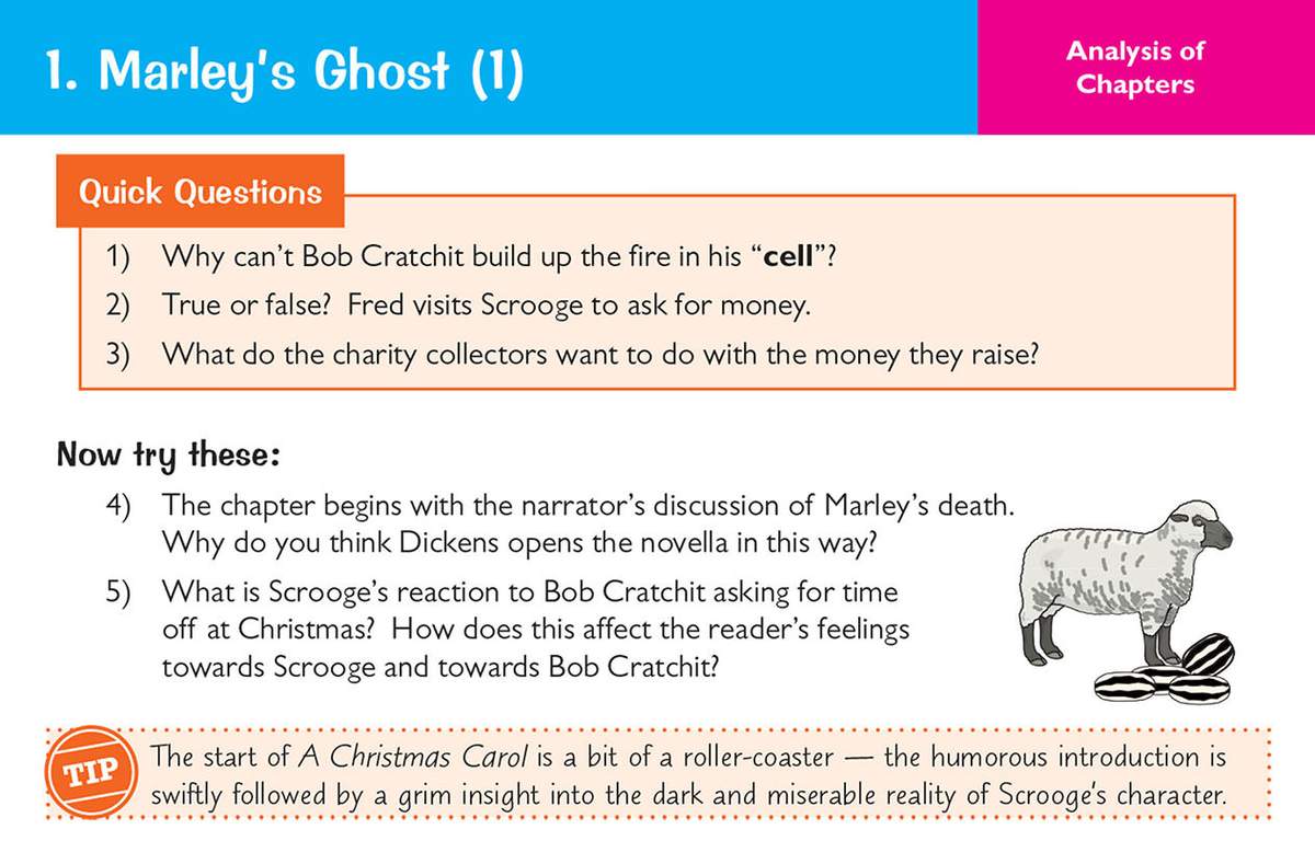 Five questions on Chapter 1 of A Christmas Carol, including a true or false statement and short written answers about